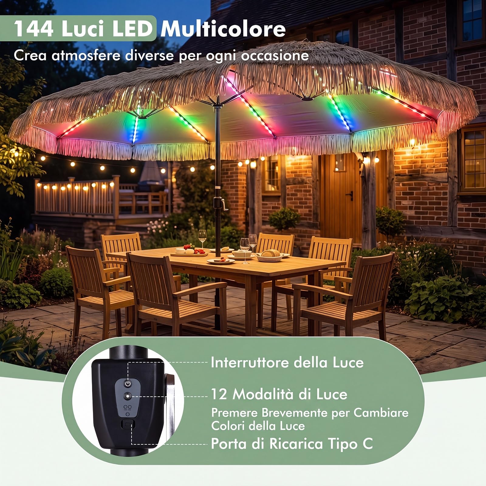 COSTWAY Ombrellone da Giardino in Paglia 450 x 270 cm, con 12 Stecche | Manovella, Antivento, Pieghevole Portatile, Ombrellone Hawaiano per Giardino, Cortile e Piscina