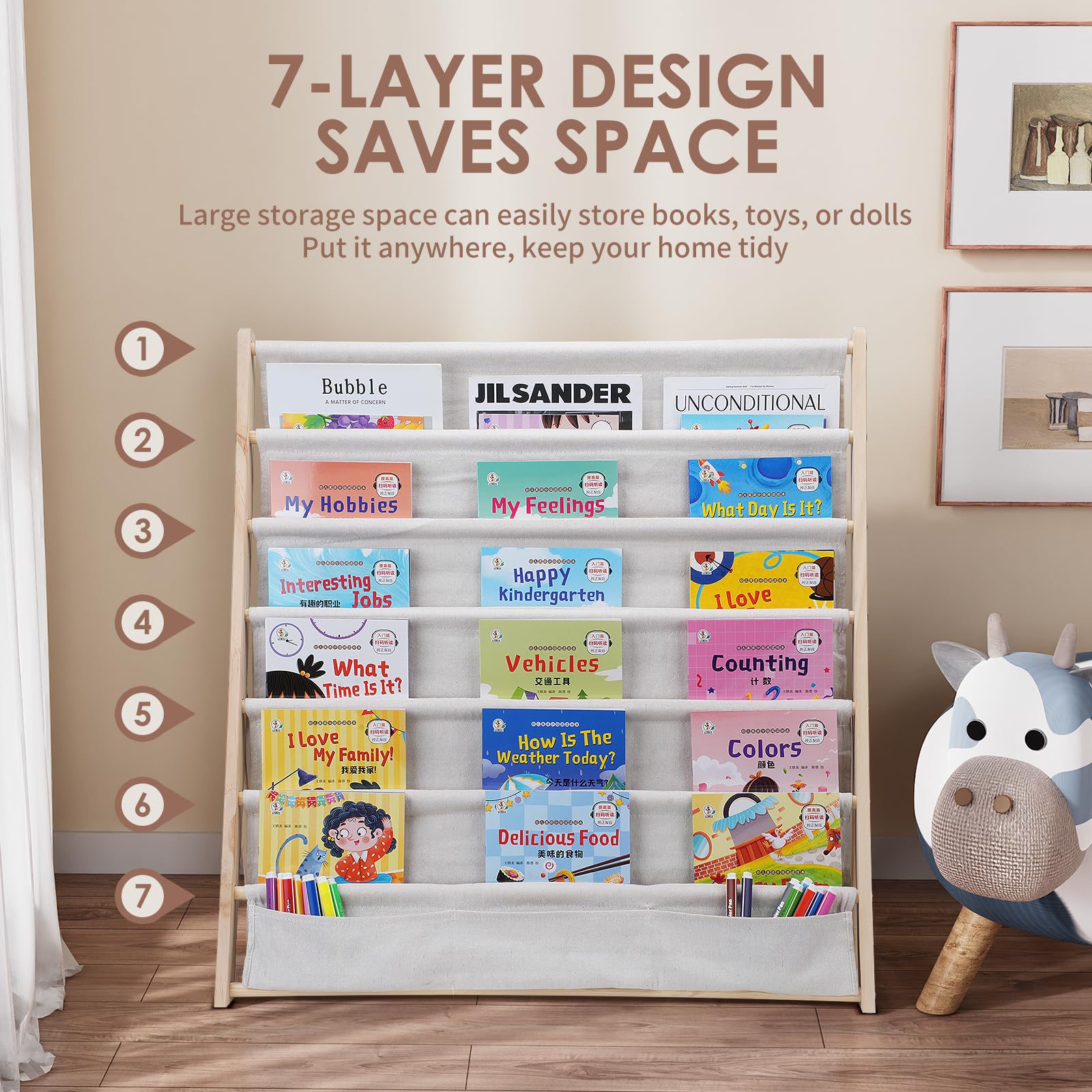 Bibliothèque pour enfants, 6 niveaux, étagère à livres, rangement, présentoir, accès facile, organisateur de livres en bois avec poche pour chambre d'enfant et salle de jeux (Beige)