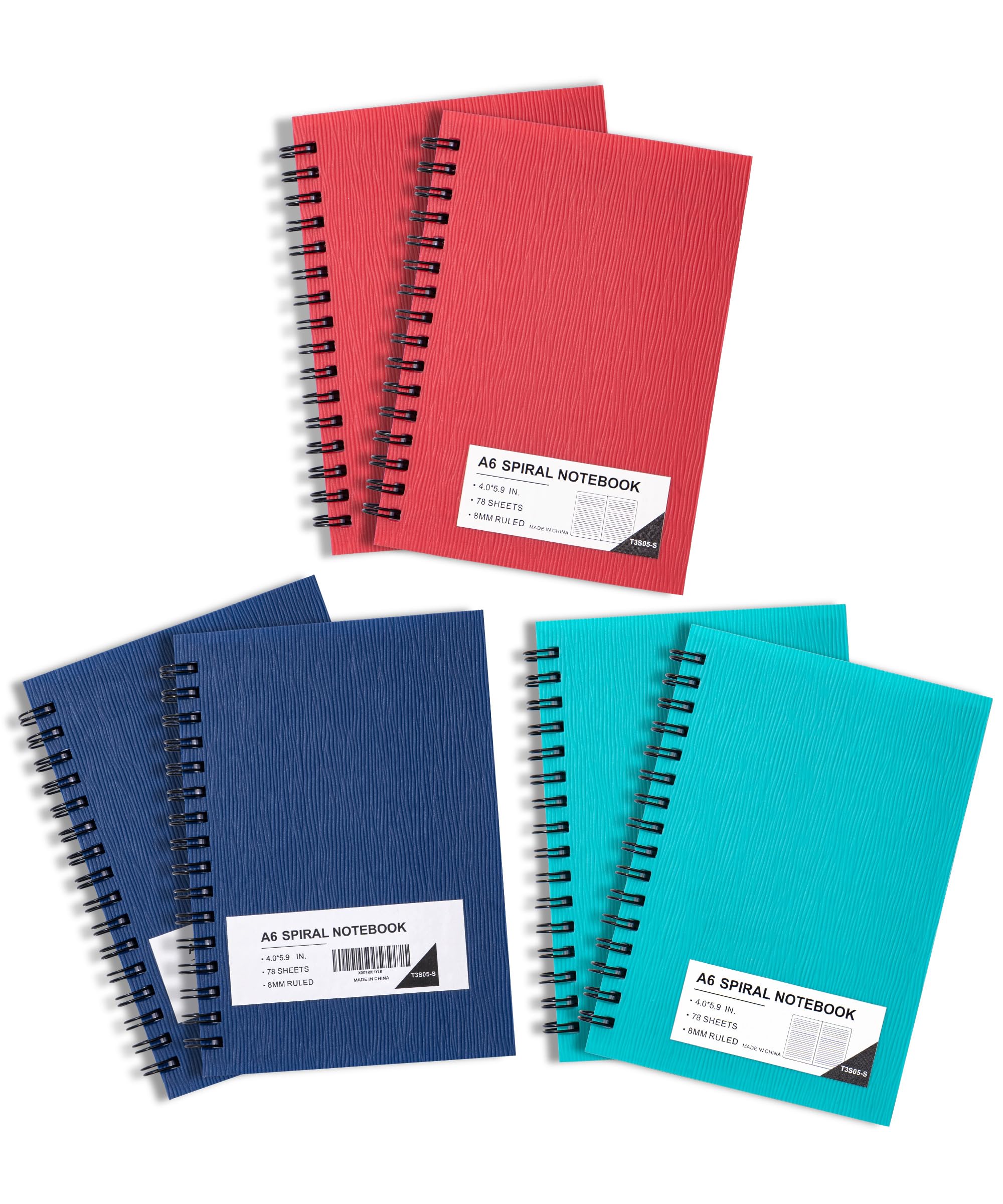 FLYING EAGLE Premium 4x6 Small Spiral Notebook 6 Pack A6 Mini Journal Plastic Hardcover 8mm Ruled Notebook 3 Color 468 Pages for School Work