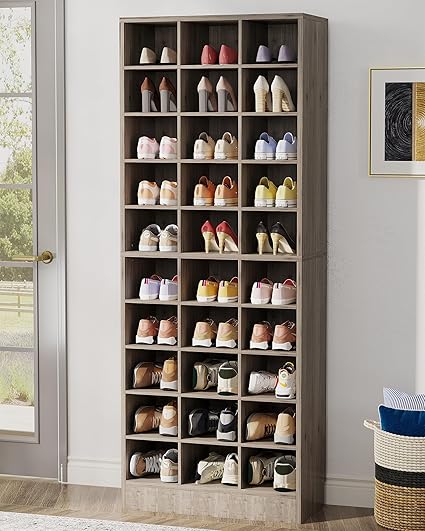 Tribesigns 10-Tier Shoe Storage Cabinet, Gray Wooden Shoe Rack with 30 Cubbies, Freestanding Tall Entryway Shoe Organizer for Closet, Entryway, Living Room