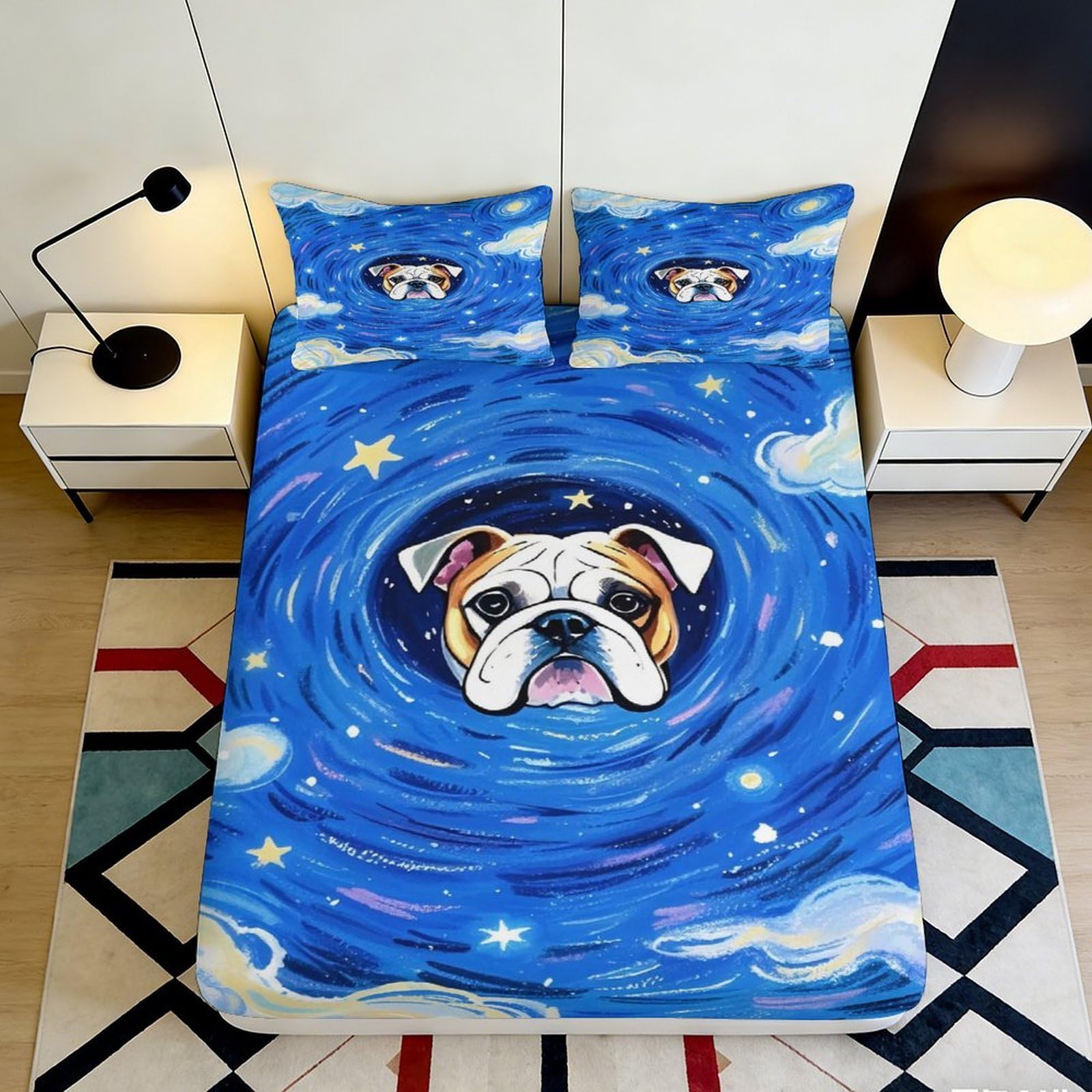 3D Printed Starry Sky Fitted Sheet Microfiber Soft Blue Bulldog Mattress Cover for Bedroom Guest Room Decor 90x200x25cm