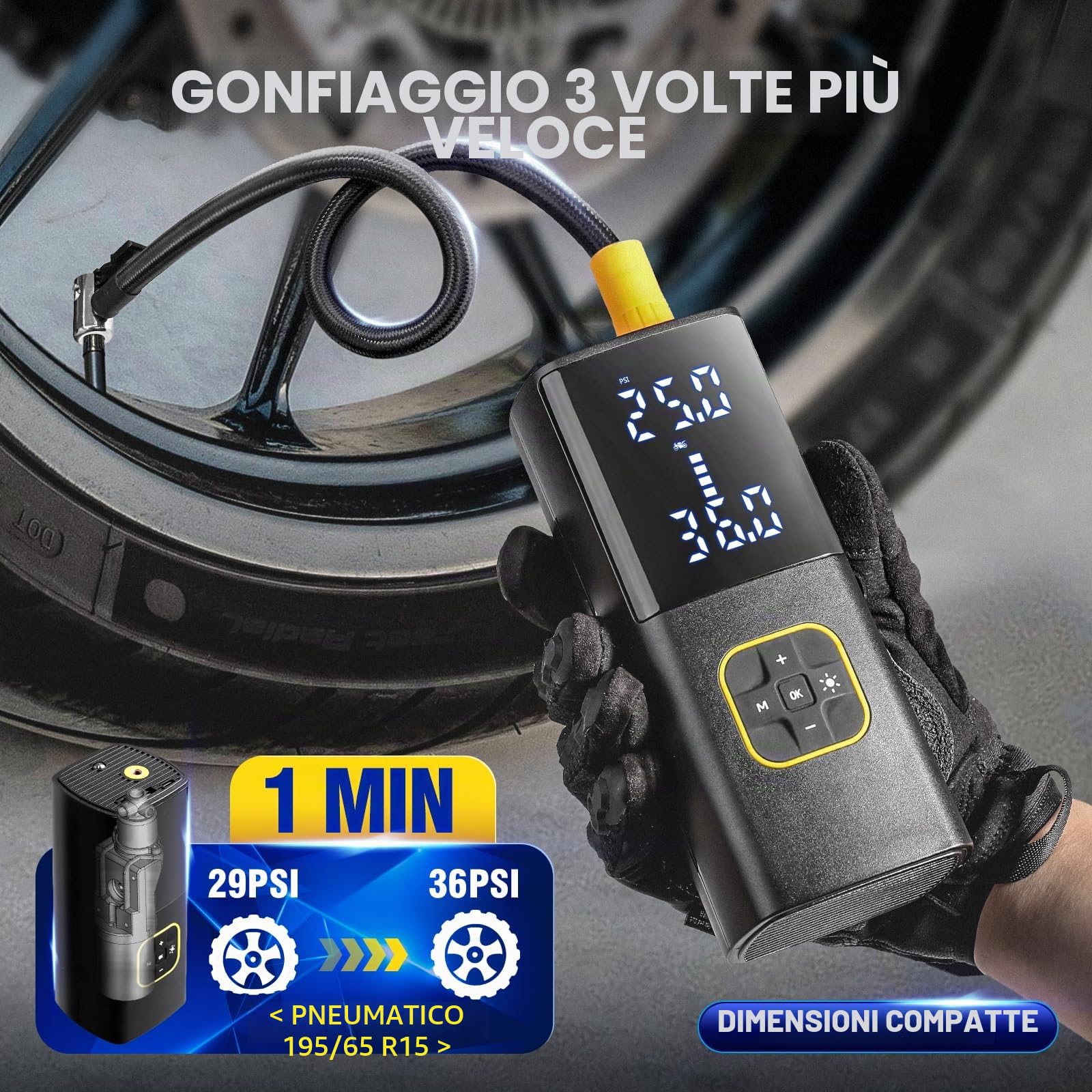Zune Lotoo Compressore d'aria portatile ricaricabile per pneumatici auto, 150 psi, alimentato a batteria, senza fili, con manometro digitale e spegnimento automatico, per bicicletta, moto, bici