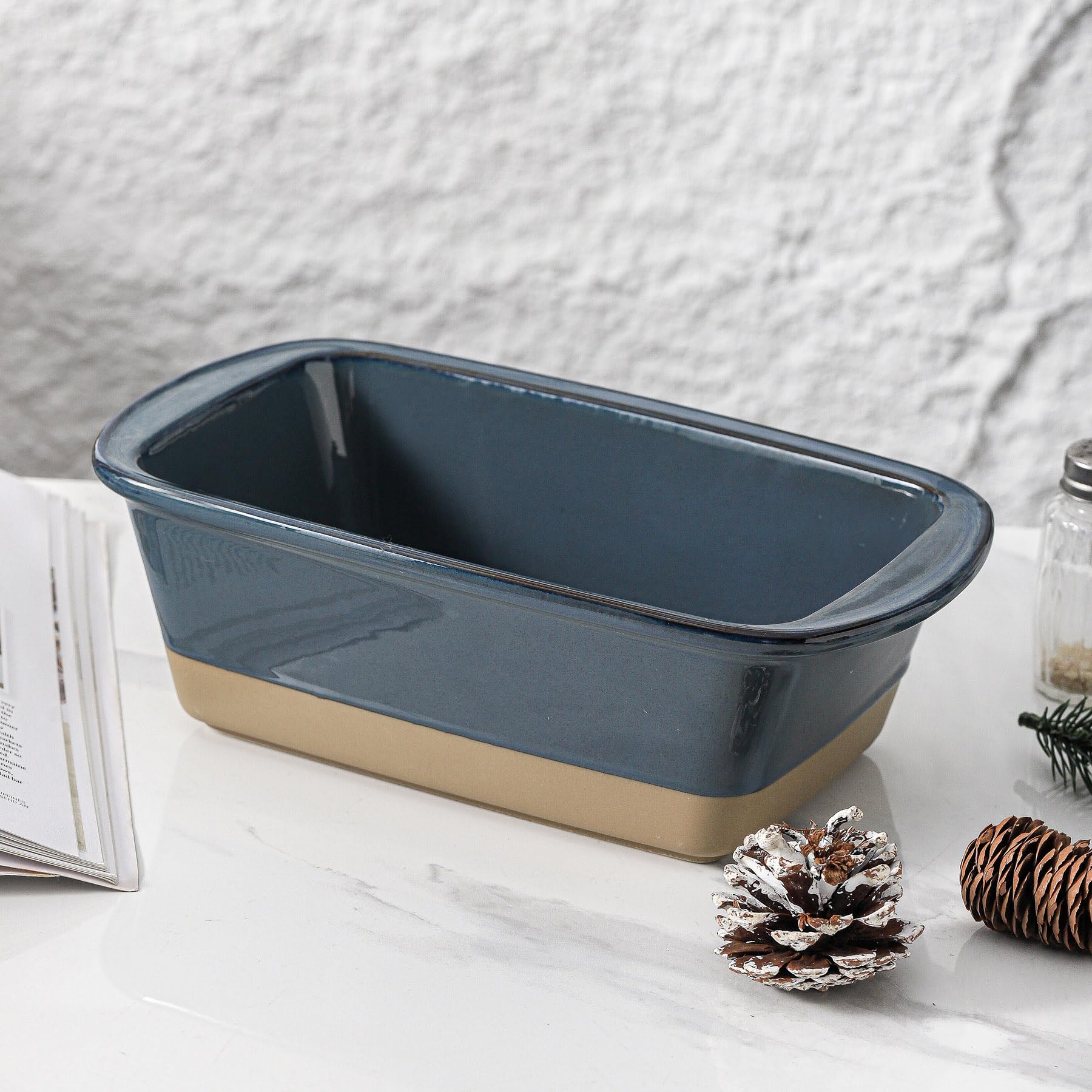 HVH Kastenform aus Keramik, zum Backen von Brot, 22,9 x 12,7 cm, rechteckige Brotform, Brotbackform zum Kochen, Bauernhaus-Stil (blau)