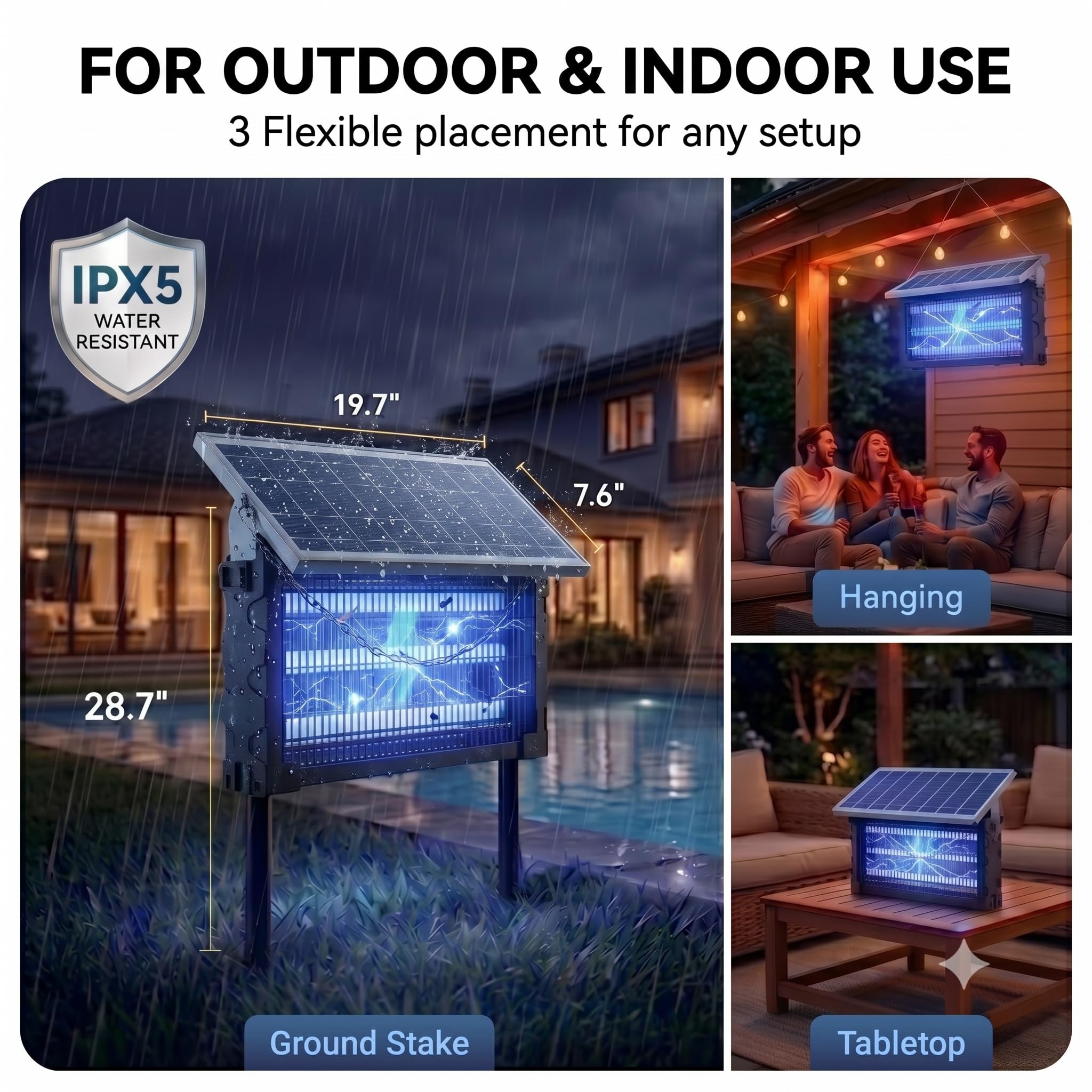 Solar Bug Zapper Outdoor, Moskito Zapper 3000V Kabellos Wasserdicht, Elektrische Mückenfalle Fliegenvernichter Killer für Terrasse Garage Hof Camping