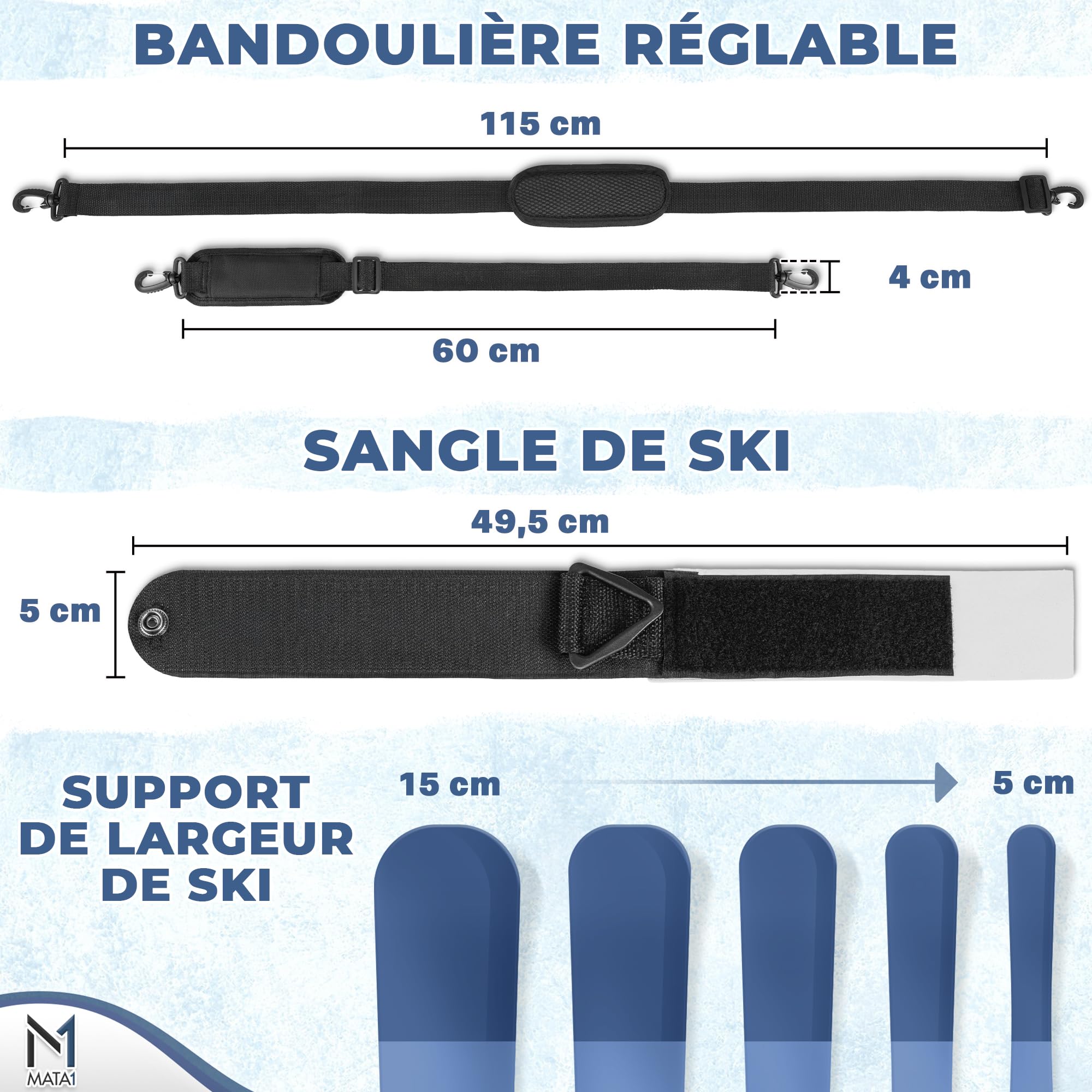Sangle de Ski Porte-bâtons Noir Bandoulière réglable Transport Skis Bâtons