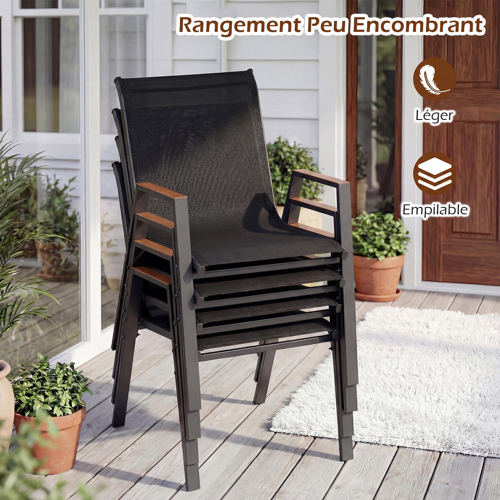 COSTWAY Lot de 2/4 Chaises de Jardin Exterieur, Fauteuils Empilable, Charge 180 kg, Tissu Respirant, Structure en Métal, Chaise Exterieur pour Jardin Cour Balcon, 56 x 66 x 88 cm (Noir,2)