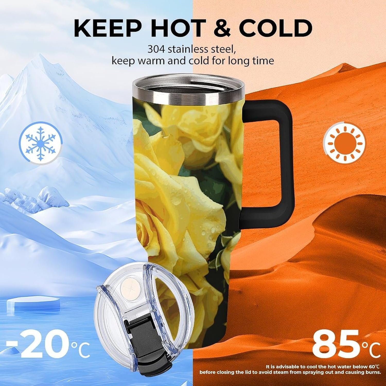 40 Oz Tumbler with Straw And Lid Graceful Yellow Rose Flower Insulated Travel Coffee Mug Stainless Steel Water Bottle Vacuum Insulated Tumblers for Sport Work Car Travel Weekends
