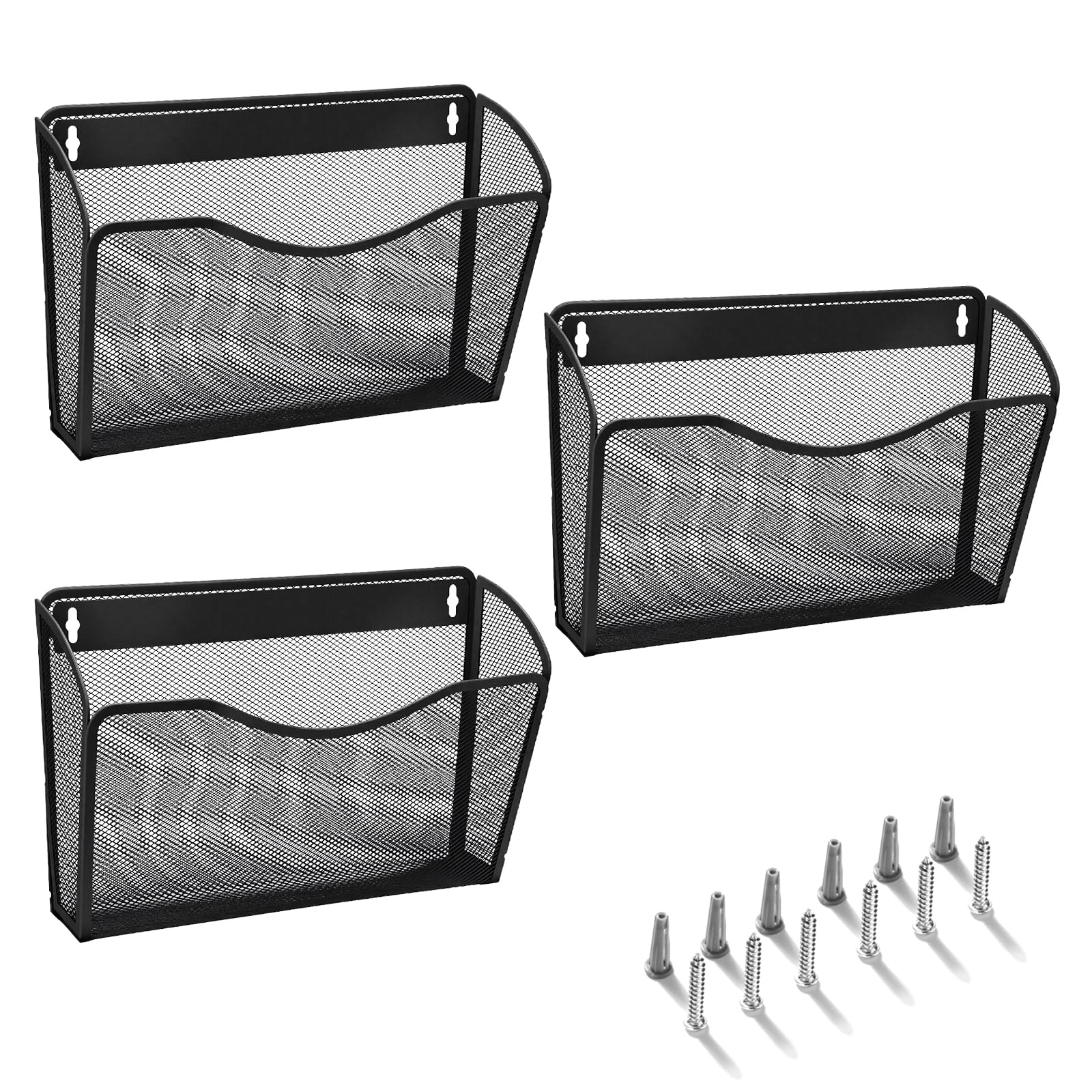 AGPTEK Archivador Montable en Pared (Paquete de 3), Archivador Organizador Malla Metálica con Compartimiento Sencillo - Negro