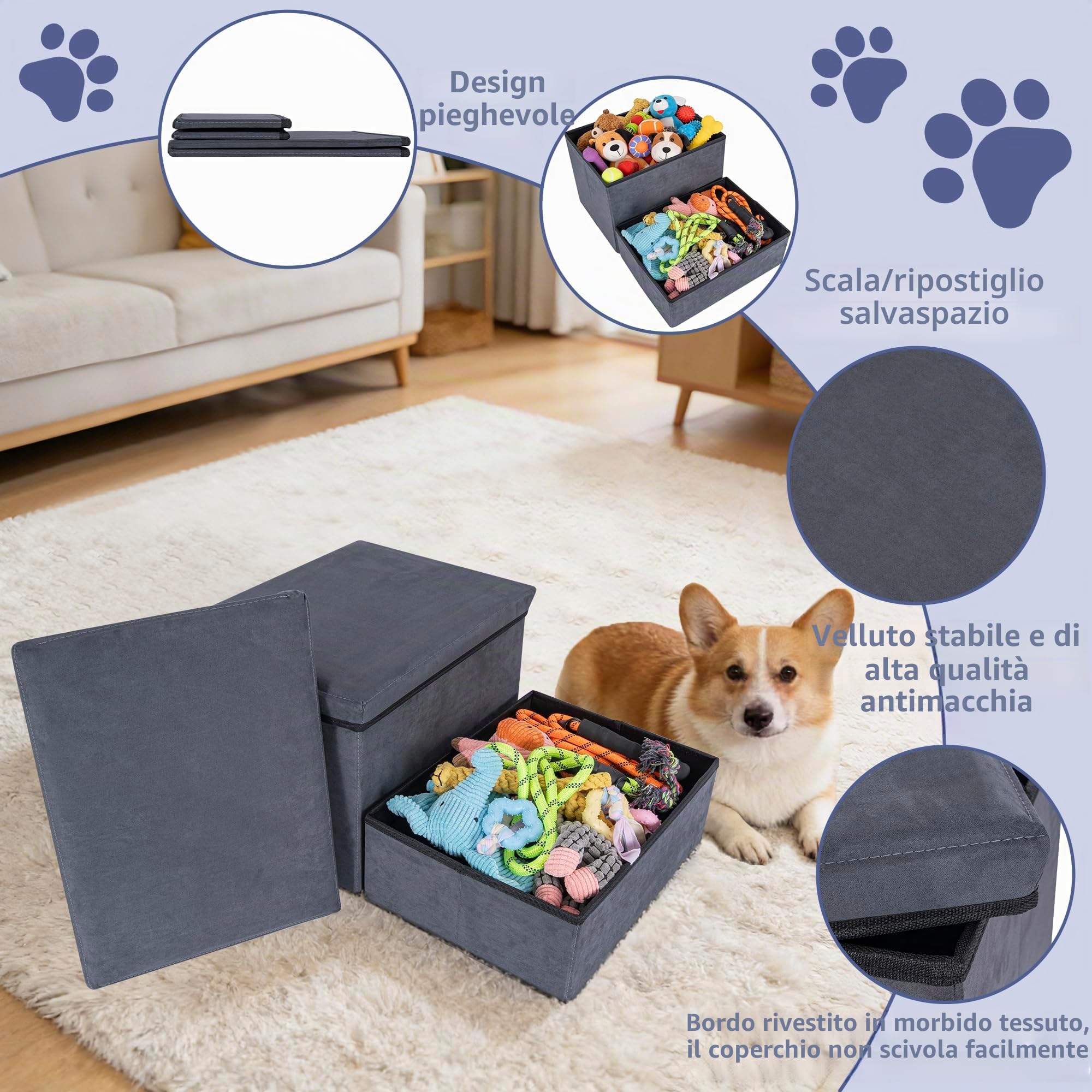 AKOZLIN Scala per cani,2 gradini,pieghevole,Con spazio stoccaggio | Extra larga rampa per animali domestici,Per cani e gatti piccoli a grandi,32×64×42cm,Due strati