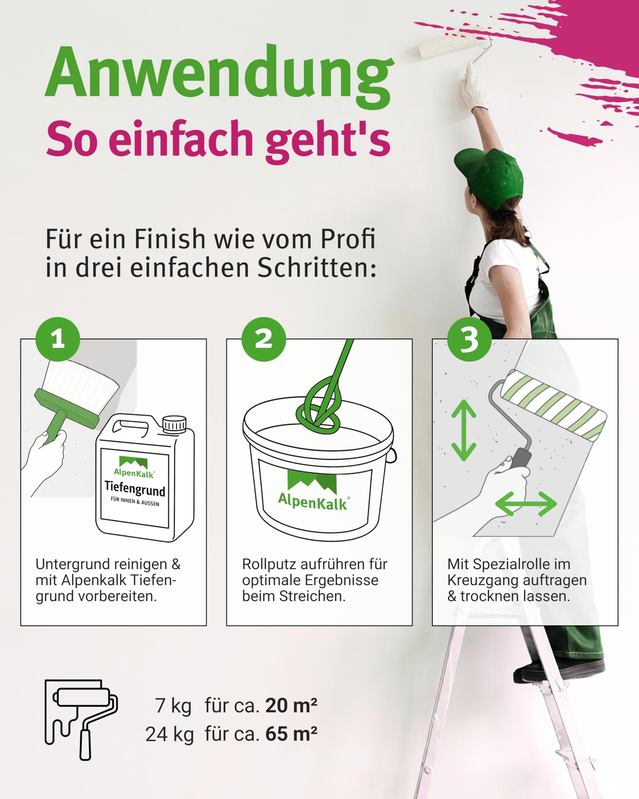 Feiner Rollputz für Innen I 24 kg für ca. 65 m² + Spezialrolle 18 cm I 0,5 mm Körnung I Verarbeitungsfertig & streifenfrei wie vom Profi I Atmungsaktiv, schimmelhemmend & lösungsmittelfrei