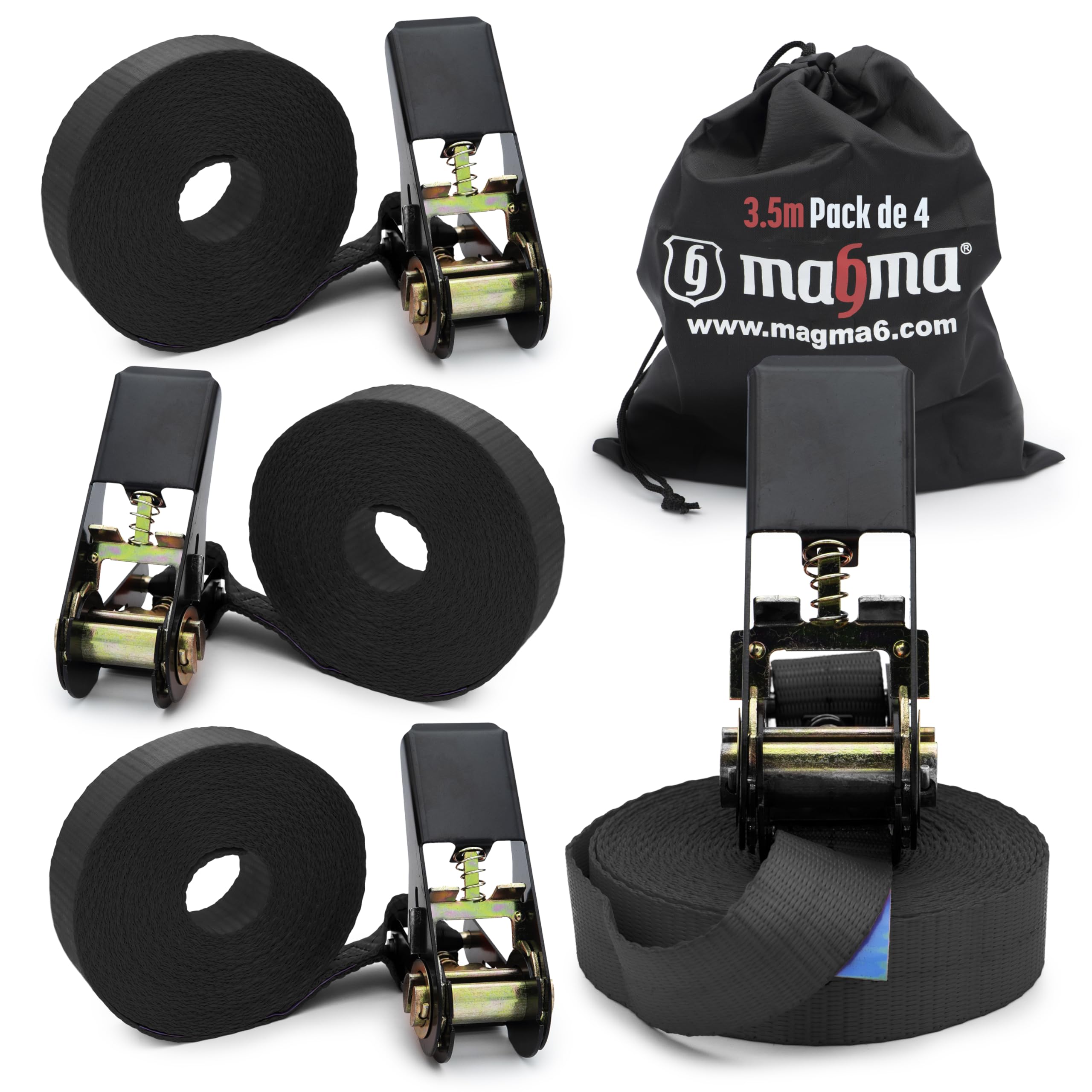 MAGMA 4 Correas de Trinquete 3,5m, 800Kgf/unit. Cinchos, Cinchas de Amarre, Eslingas con Carraca, Remolque Baca Kayak Tabla de Surf Piraguas Canoa Bicicleta Moto, Longitud Ajustable. Negro