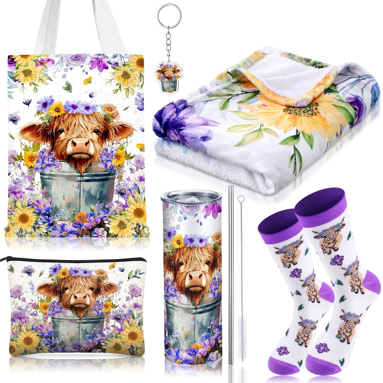Tiangrid 6 Pcs Valentines Highland Cow Gifts for Women Include 20 oz Stainless Steel Tumbler with Lid and Straw Cosmetic Bag Throw Blanket Keychain
