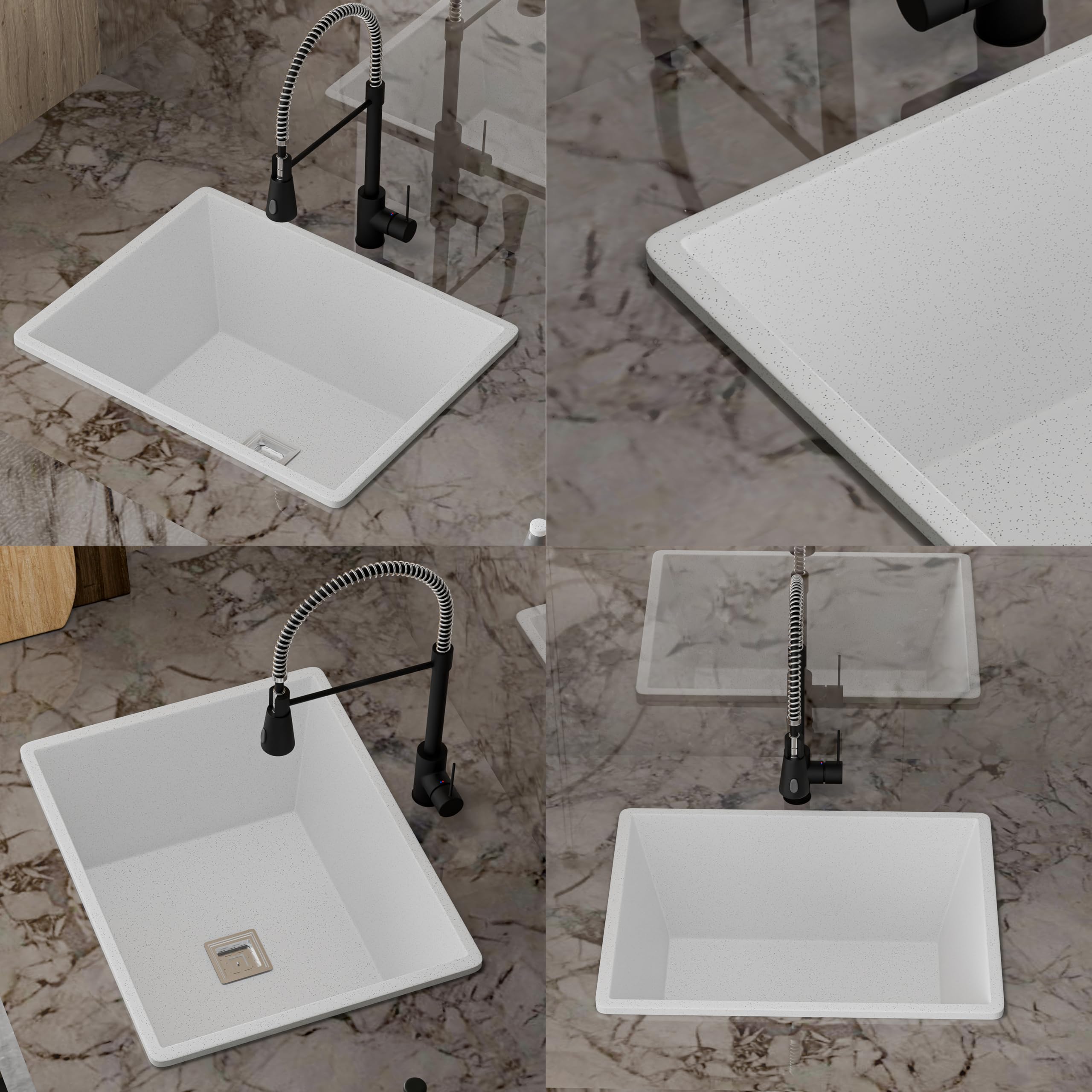 HISRE Single Bowl Quartz Kitchen Sink 21X18X9 Inch | Deep Undermount or Drop In Basin for Kitchen | Easy Clean and Scratch Resistant | Heavy Duty Construction for Long Lasting Use | White, photo 4 of 4