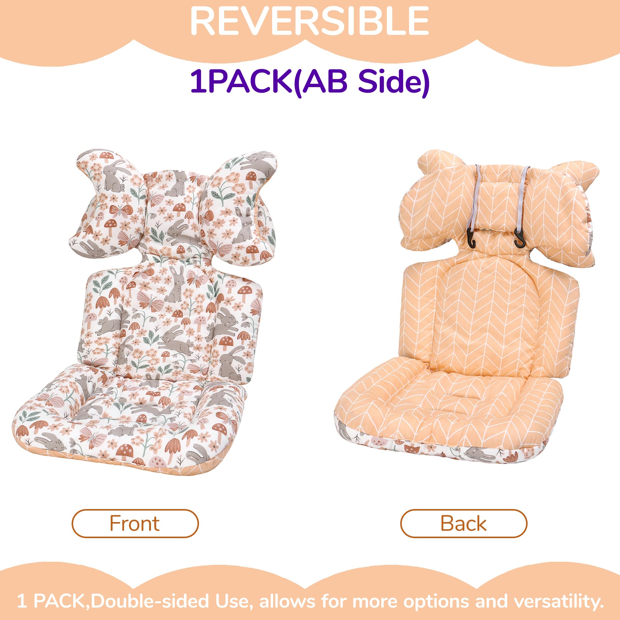 Baby Pushchair Seat Liners,1 Pack Removable Stroller Cushion Seat Liner,Universal 100% Cotton Pram Insert Pad,Pushchair Seat Covers Thick for Pram Buggy Baby Carriage,Toddler Infant(Rabbit+Orange) - Image 2