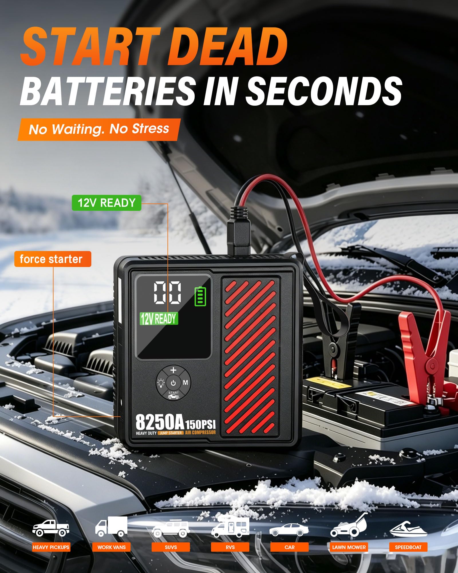 Arrancador portátil de coche de 8250 amperios con compresor de aire, inflador de neumáticos seguro de 150 PSI, inflado rápido de 40 l/min con apagado automático de 12 V, 760 CCA, arrancador de batería