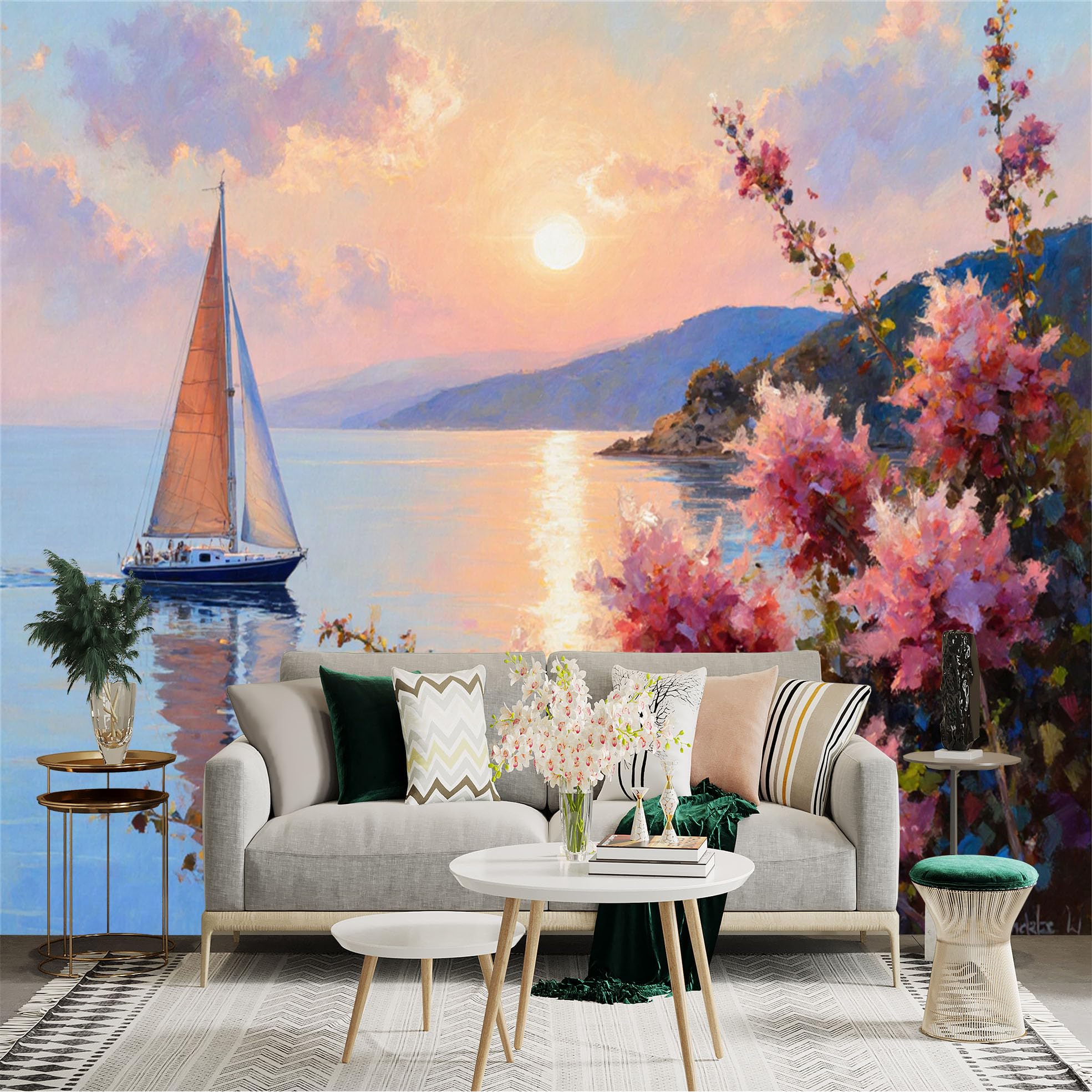 Custom Size Wall Sticker Mural， Sailboat on Calm Sea with Sunset and Pink Flowers， for wall Decoration， peelandstick wall Decals.