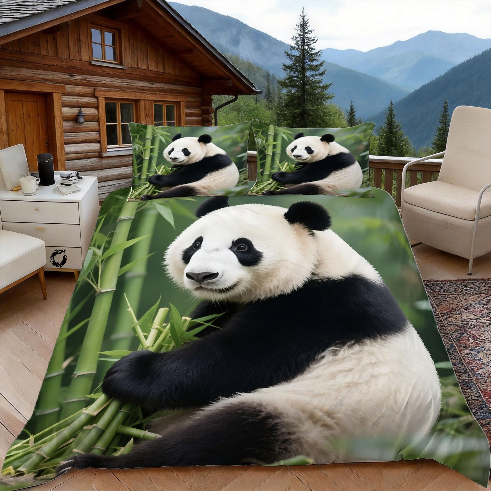 Housse de couette 200x200 panda pour lit 2 personnes avec ses 2 taies d'oreiller en microfibre