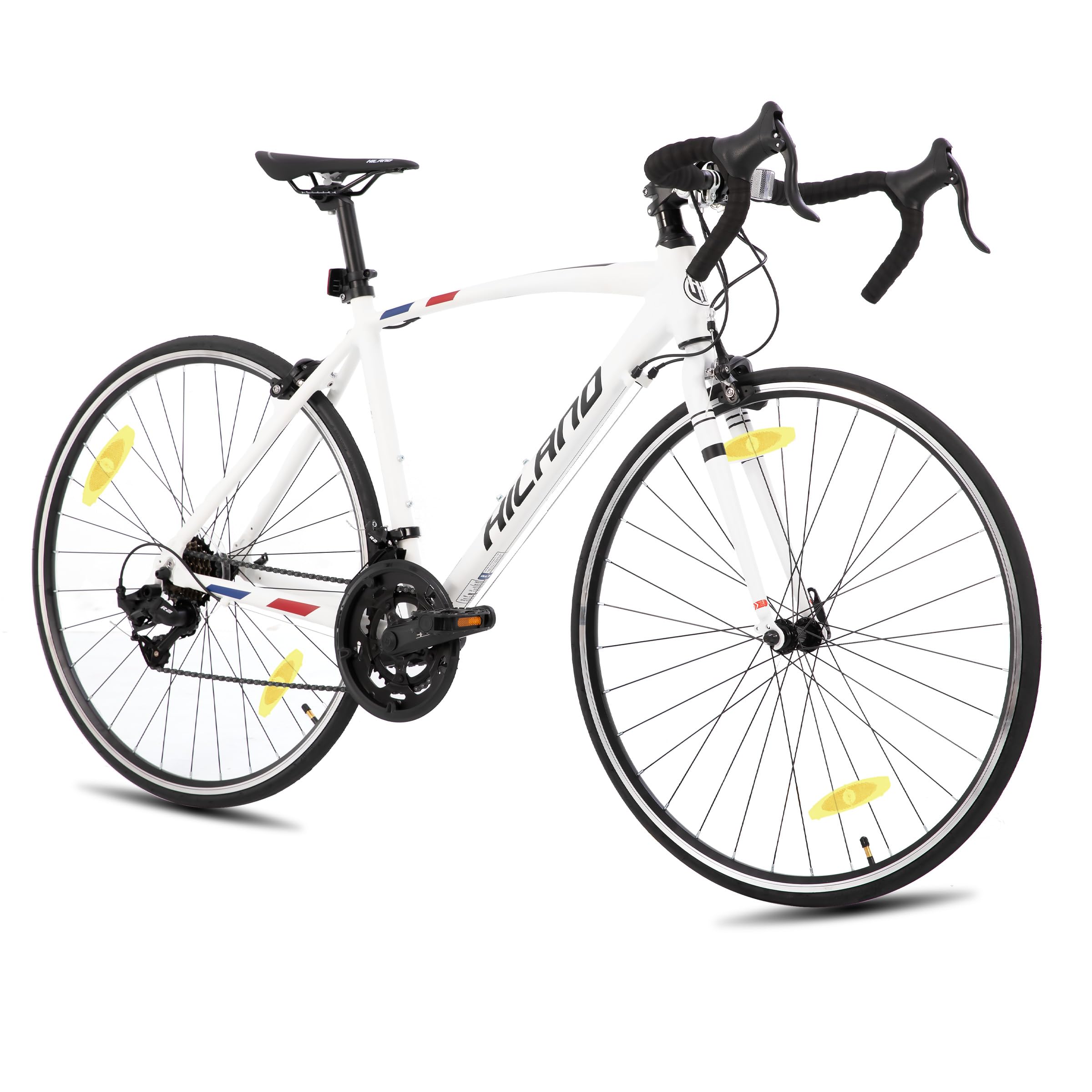 Hiland Bicicleta de Carretera 28 Pulgadas, Cuadro de Aluminio 700C Unisex, Frenos de Llanta Delanteros y Traseros, 14 Velocidades, Cuadro 490/530/570 mm, Negro/Blanco