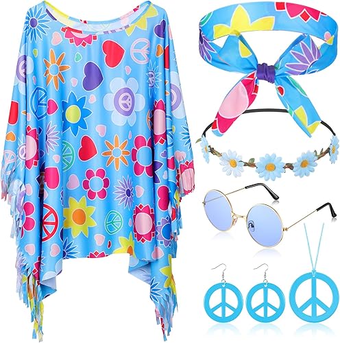 Miniatura 12 de Hicarer - Set de 6 piezas de accesorios para disfraz hippie para mujer y niña; incluye diadema, poncho, collar, aretes, lentes de sol