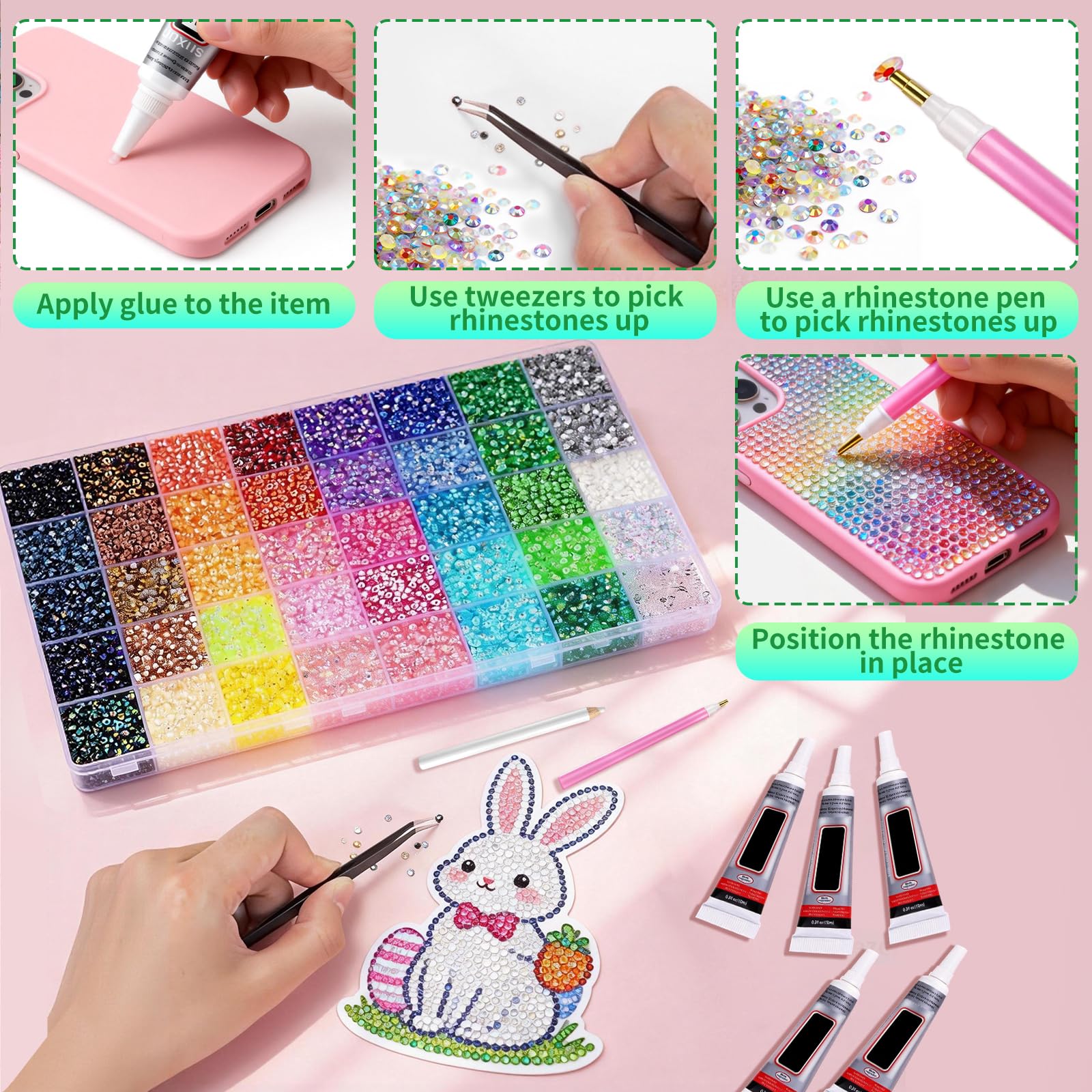 32000Pcs 3mm Rhinestones for Bedazzling, 40Colors Bedazzling Kit, with 5 Tubes of Glue, Bedazzled Kit for Nail Crafts Shoes Clothes DIY Decoration — view 3