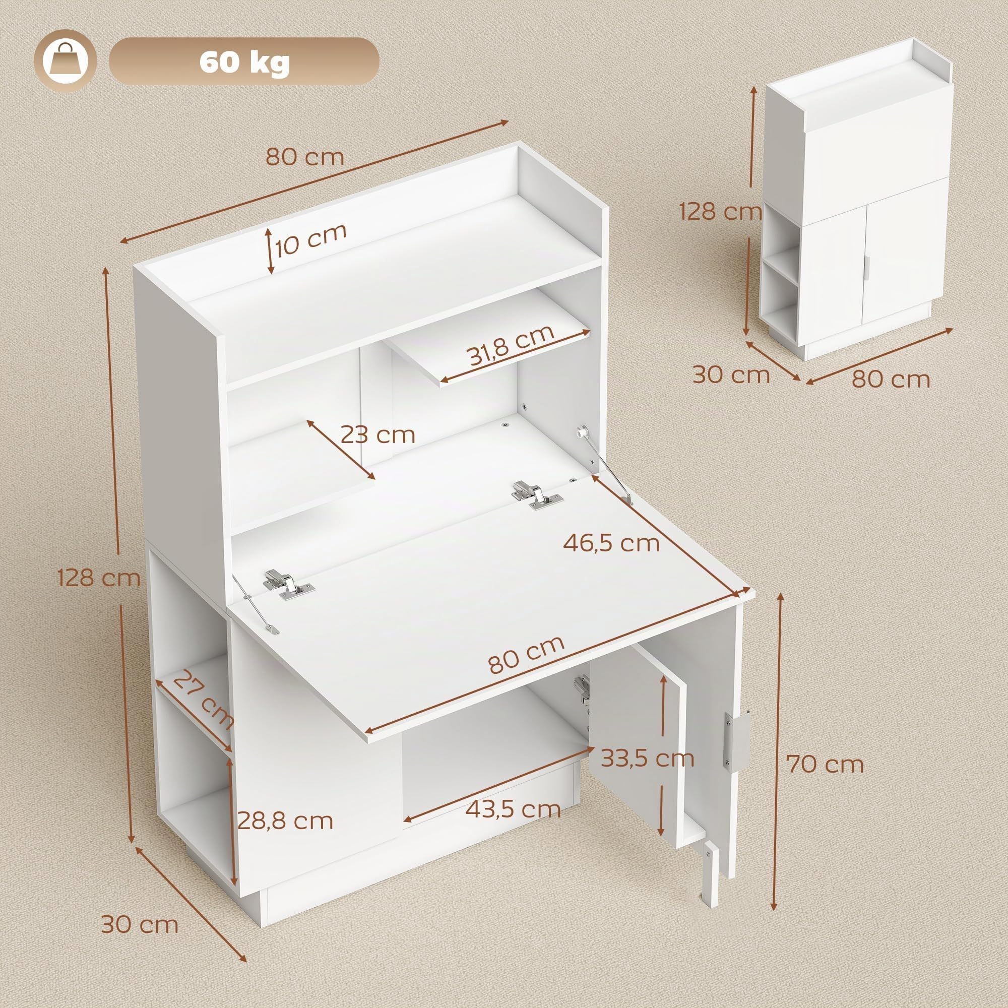 HOMCOM Bureau avec Plateau Pliable 80x30x128 cm Blanc