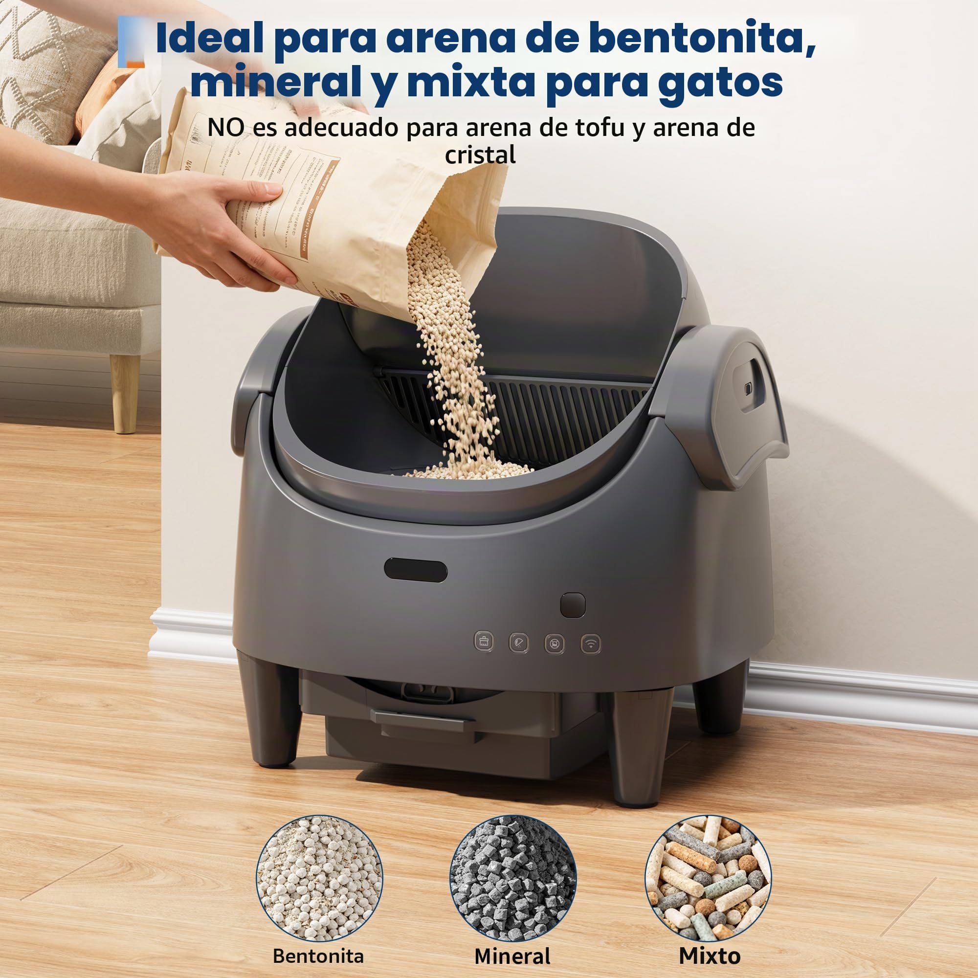 Garvee Arenero para Gatos Autolimpiable Grande 13L con Diseño Abierto y Seguridad Sensores - Control por App y Modo Automático para Hogares con Múltiples Gatos - Gris Frío