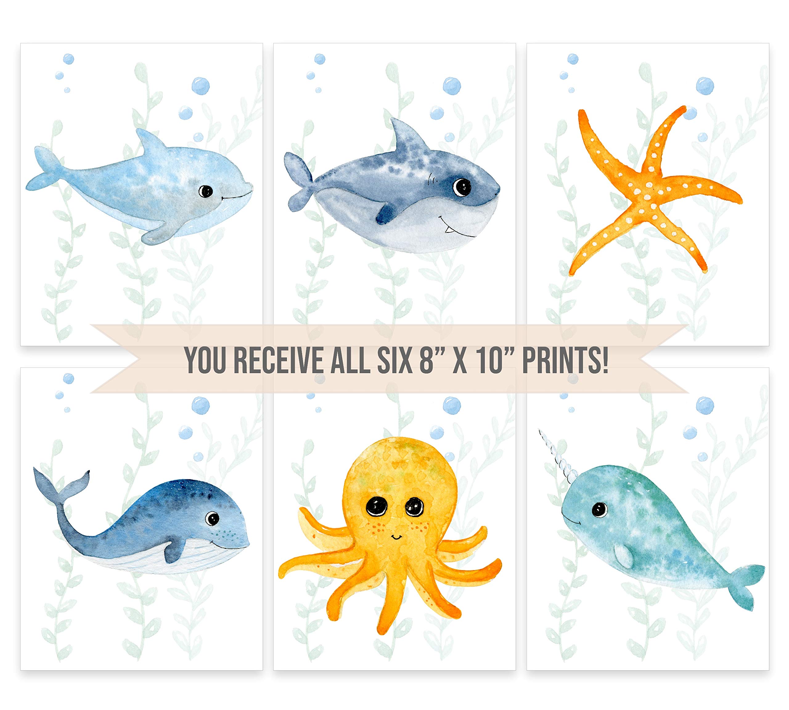 Kid's Ocean Animal Art Print Set (Set of 6) UNFRAMED Wall Print, 8 x 10, Shark, Whale, Dolphin, Octopus, Narwhal, Starfish
