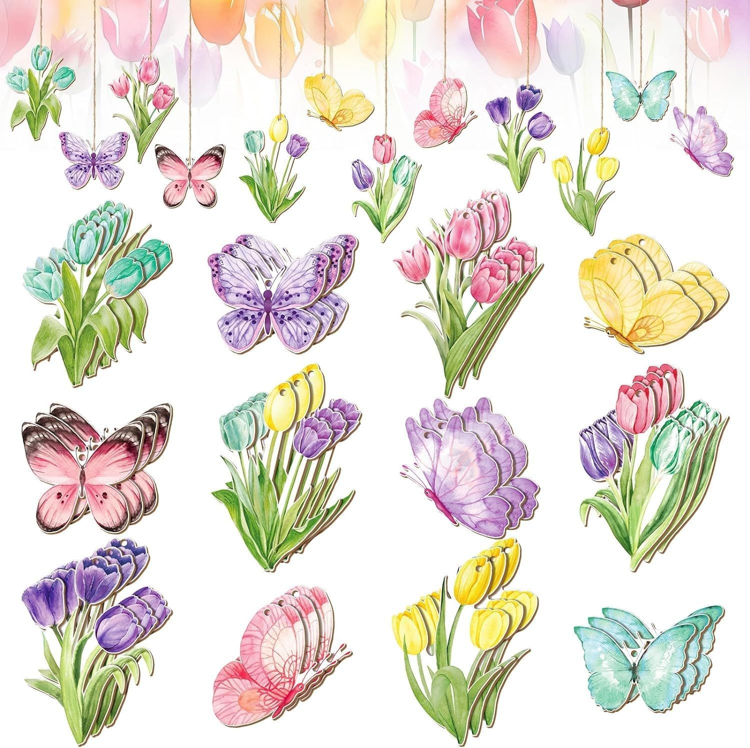 36Pcs Spring Ornaments for Tree Wood Butterfly Peony Ornaments Wooden Hanging Ornaments for Small Tree Decoration DIY Craft Easter Party Home (Glitter Butterfly)