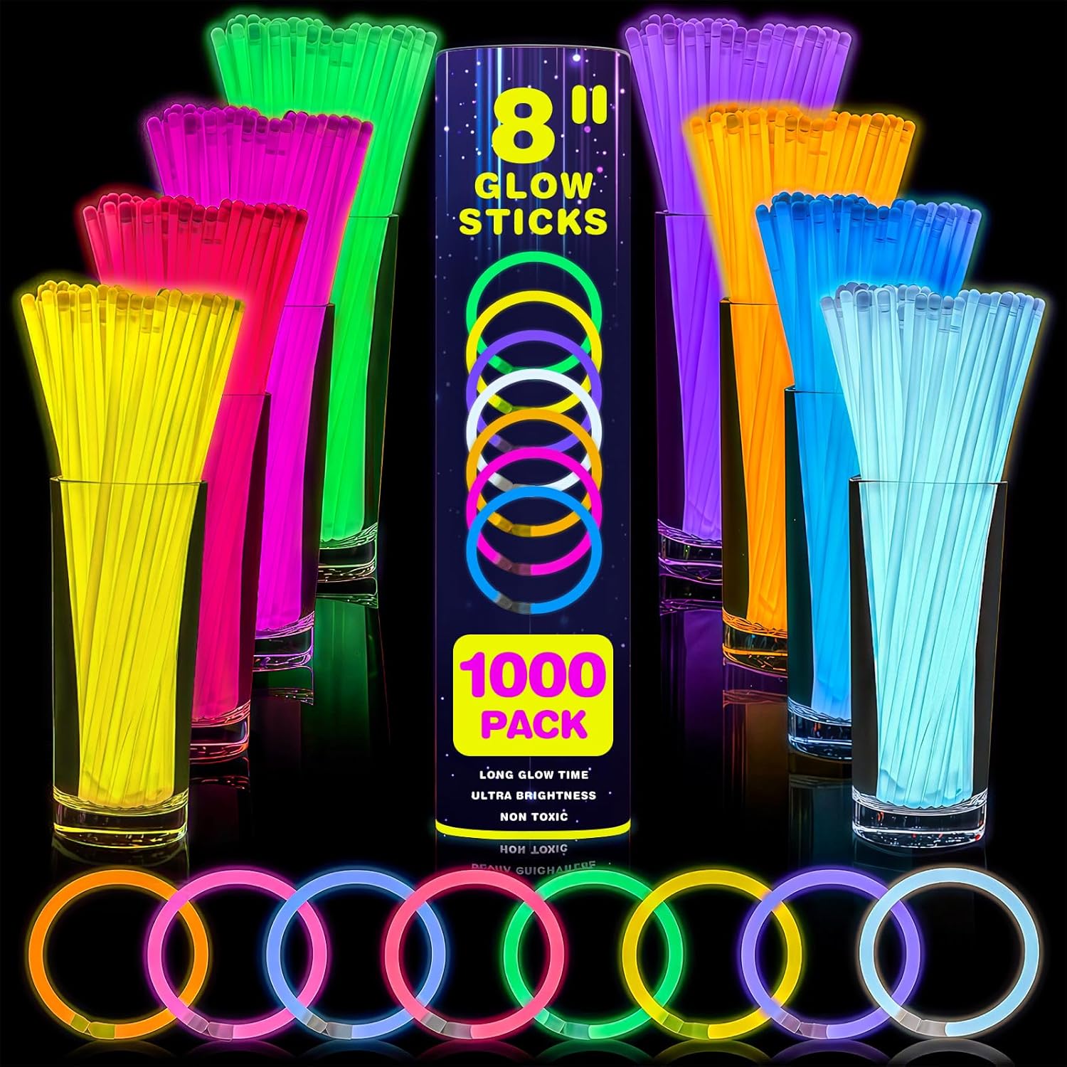 YixangDD 1000 PCS Ultra Bright Glow Sticks, 8 Inch Glow Sticks Bulk Party Pack, Light Up Sticks for Glow Bracelets, Necklaces, Concerts, Christmas, Party Supplies with 1000 Connectors 1000 Pack