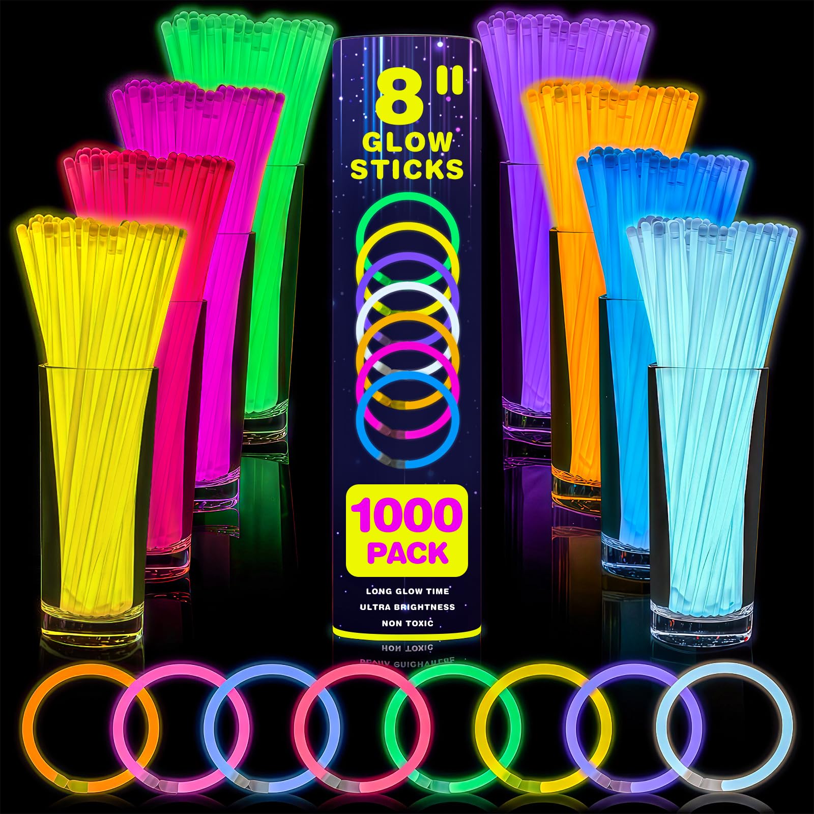 YixangDD 1000 PCS Ultra Bright Glow Sticks, 8 Inch Glow Sticks Bulk Party Pack, Light Up Sticks for Glow Bracelets, Necklaces, Concerts, Christmas,