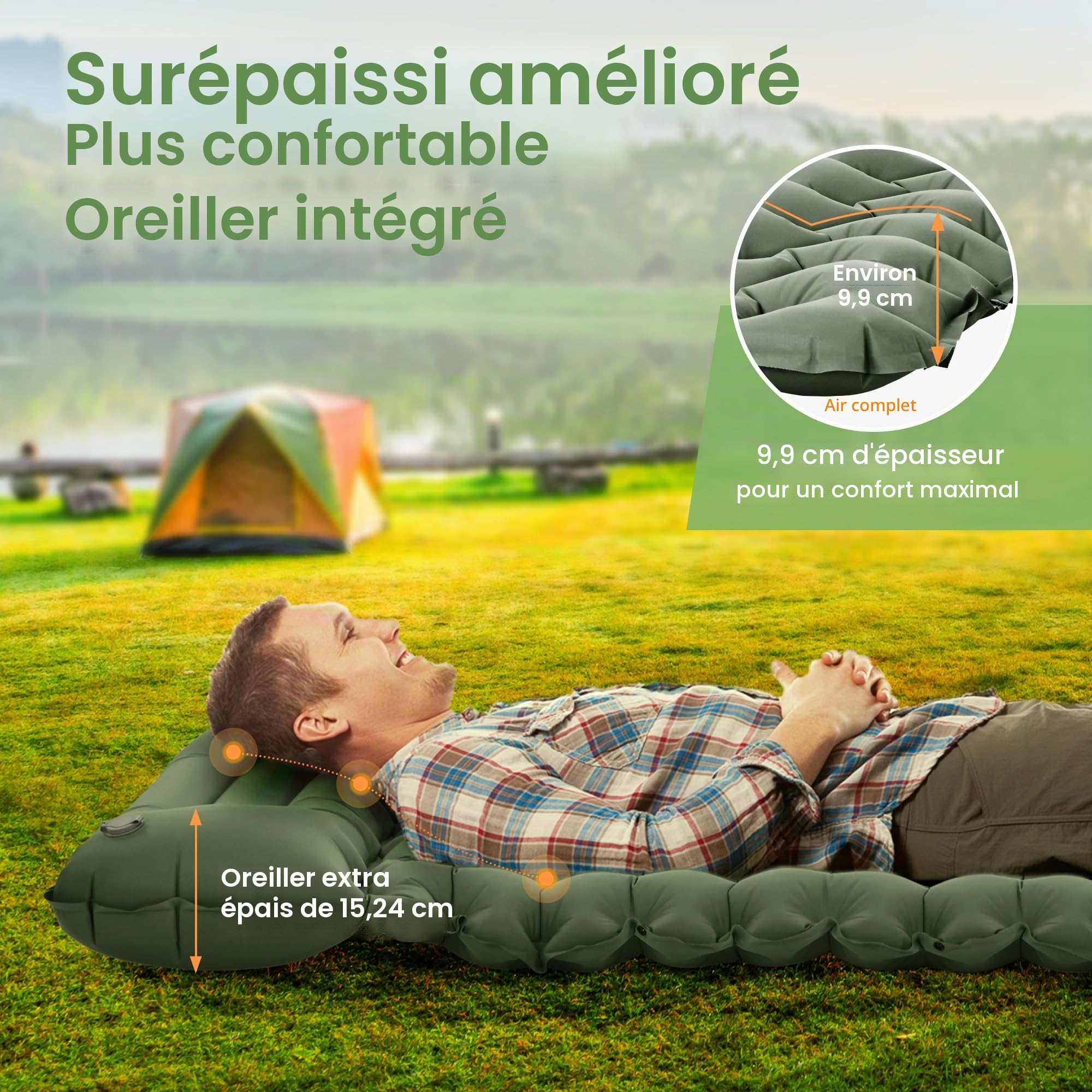 ROPODA Matelas gonflable de camping , tapis de sol ultraléger avec oreiller et pompe à pied intégrée, matelas étanche avec sac de transport pour randonnée, trekking, 196 x 69 x 10 cm(Gris)