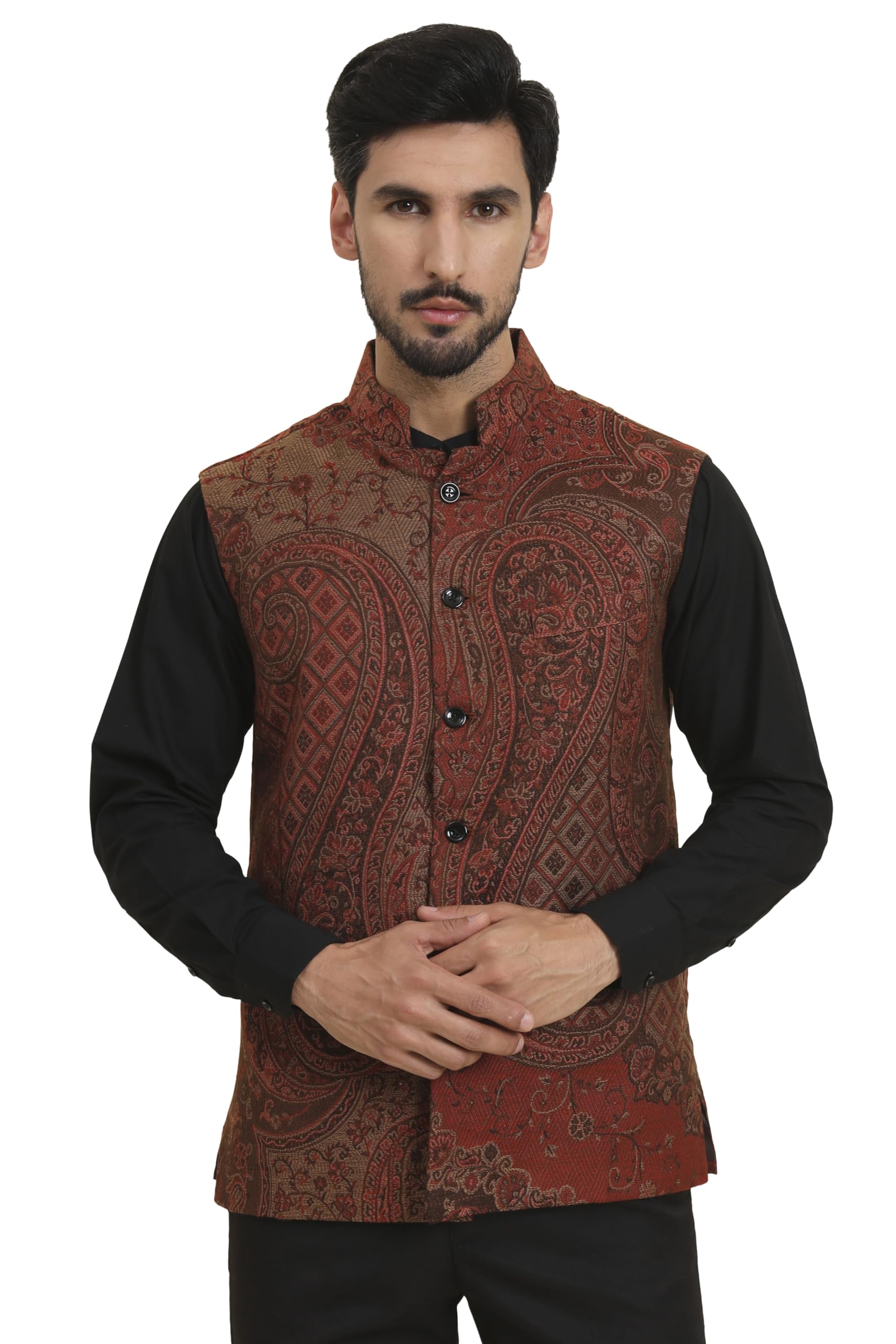 pashtush Mens Woven Jacquard Waistcoat, Structured Slim Fit, Brown-picture-40