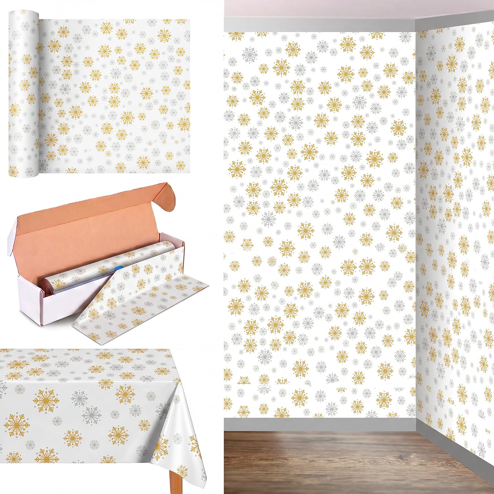 Oudain 54 Inch x 100 ft Golden Silver Snowflake Tablecloth Roll Cutter Box