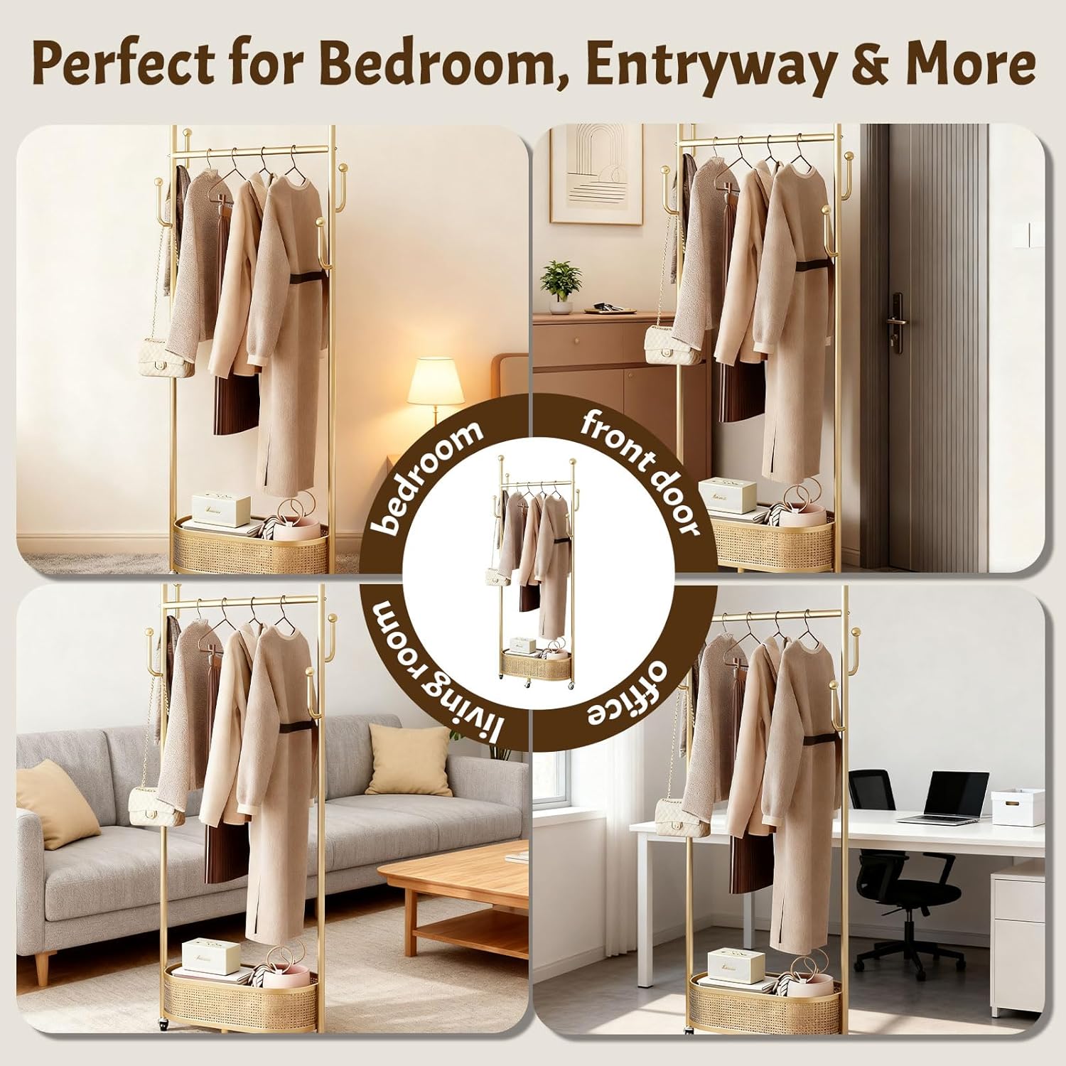 Coat Rack Freestanding Clothing Rack with Wheels & 1 Storage & 4 Hooks Heavy Duty Clothes Rack for Corner Bedroom Entryway Living Room Hotel (Gold)
