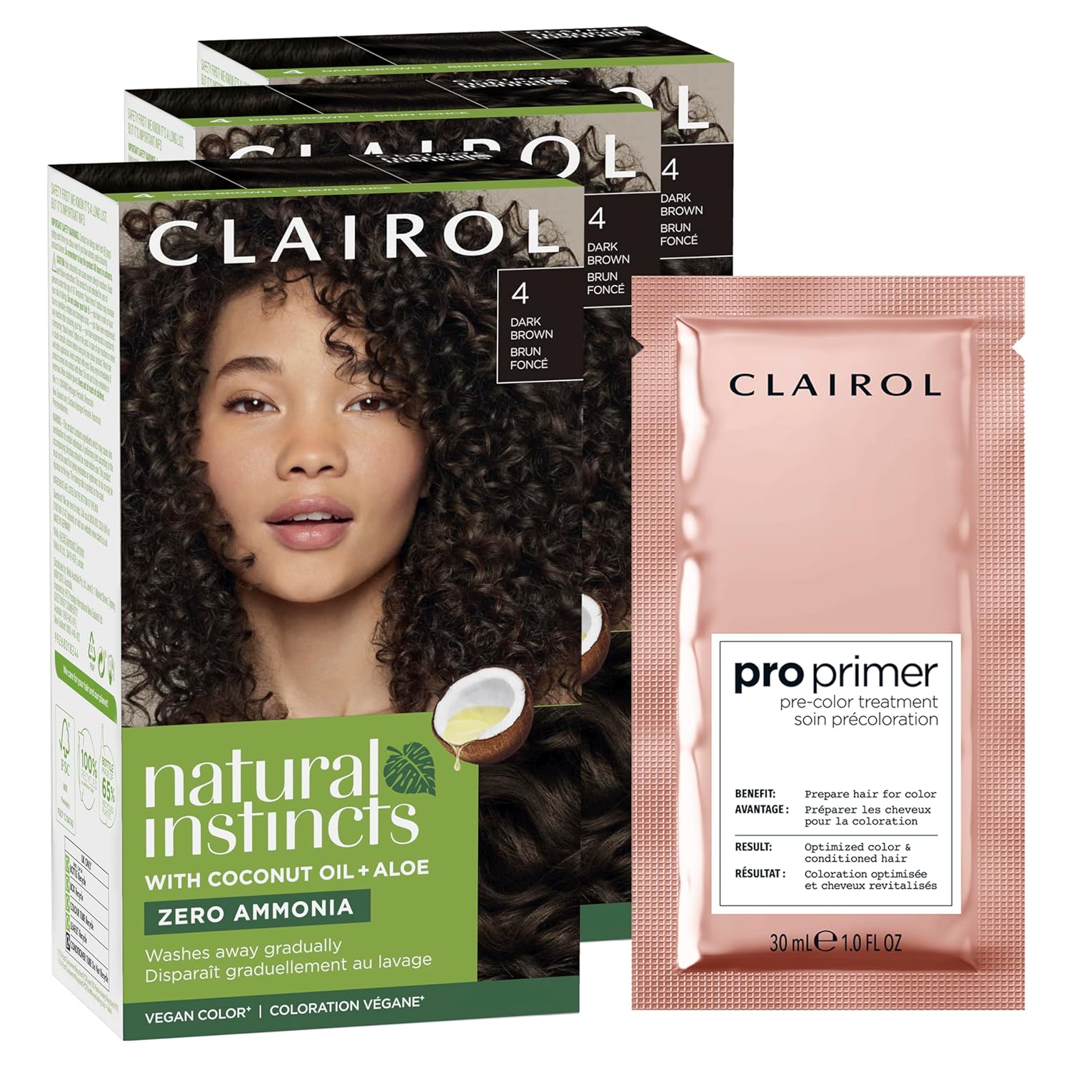 Clairol Pro Primer Pre-Color Treatment & Natural Instincts Demi-Permanent Hair Dye, 4 Dark Brown Hair Color, Pack of 3 | Smooths & Preps Hair for Better Results | Vegan Formula & Ammonia Free
