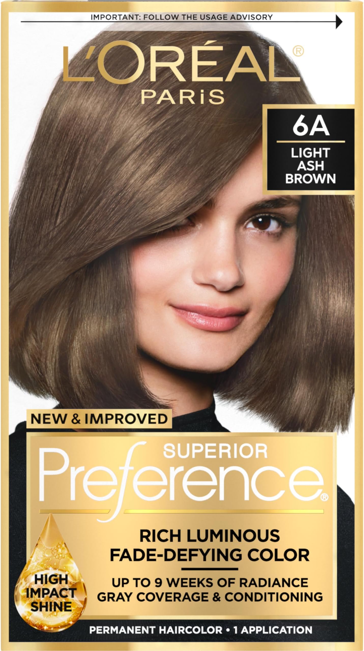 Superior Preference Luminous Fade-Defying Permanent Hair Color, Hair Dye For Up to 9 Weeks of Radiance, Light Ash Brown 6A, 1 Hair Dye Kit