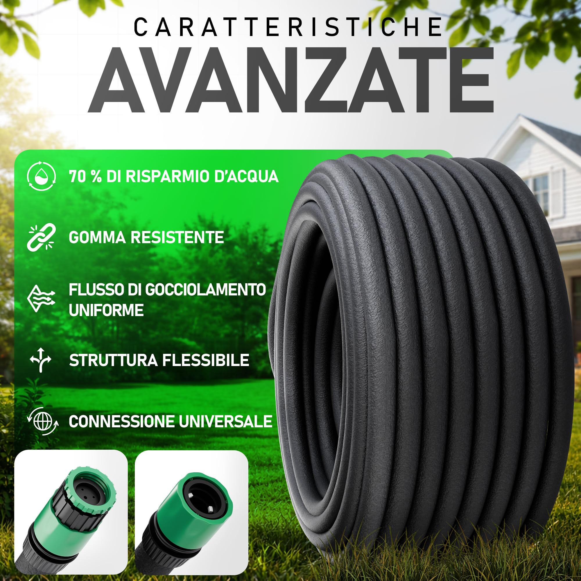 Tubo Poroso per Irrigazione 50 m | Irrigazione a Goccia Uniforme con Risparmio d’Acqua | Ideale per Giardino, Orto e Siepi | Kit di Connettori Incluso (5000, Centimetri)