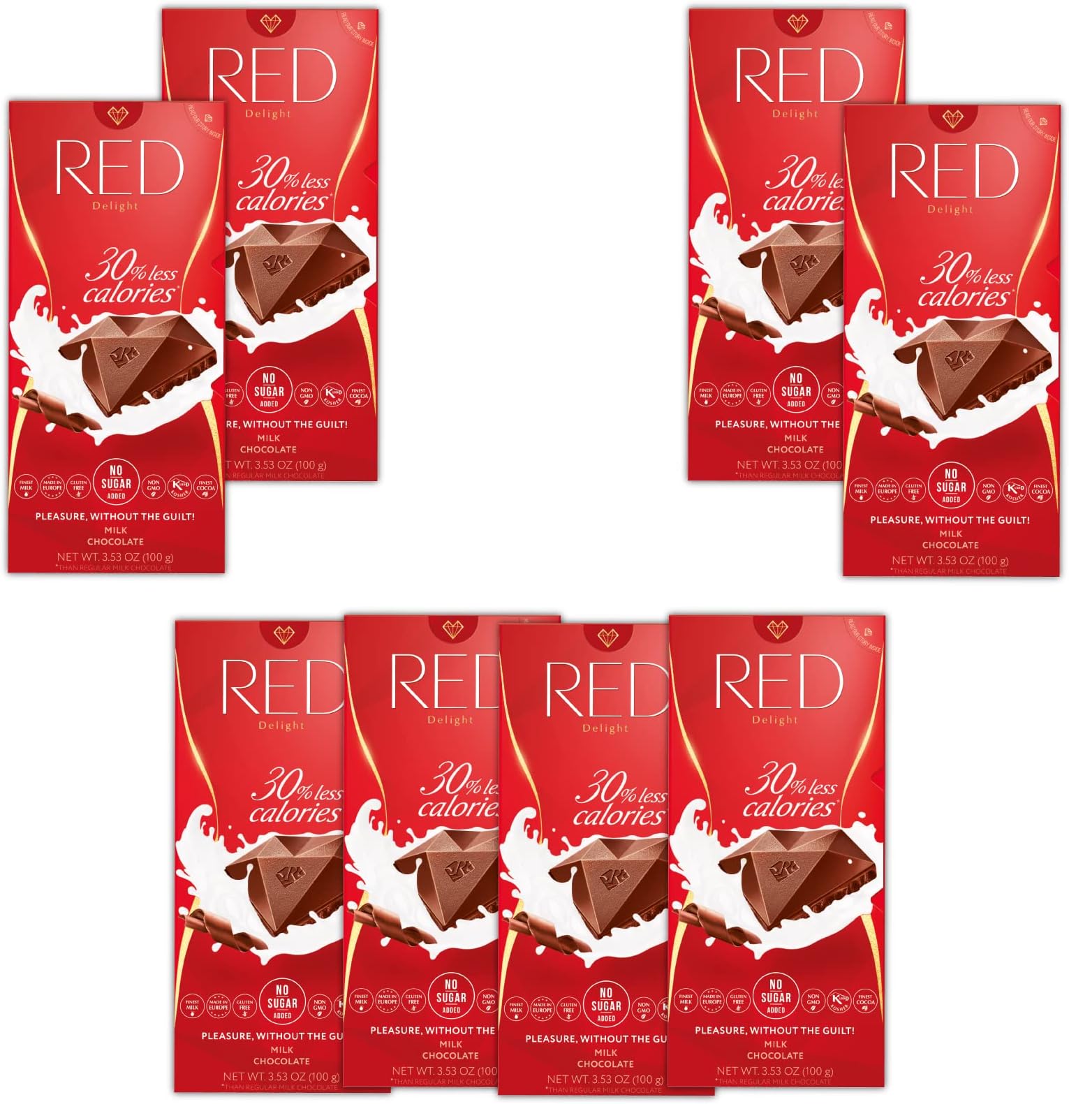 Red Delight Milk Chocolate Bars 3.53 oz, Pack of 8 Full-Size Chocolate Bars - Low Carb, Kosher & No Added Sugar, Gluten-Free Healthy Chocolate - Smooth & Creamy European-Made Vegan Chocolate