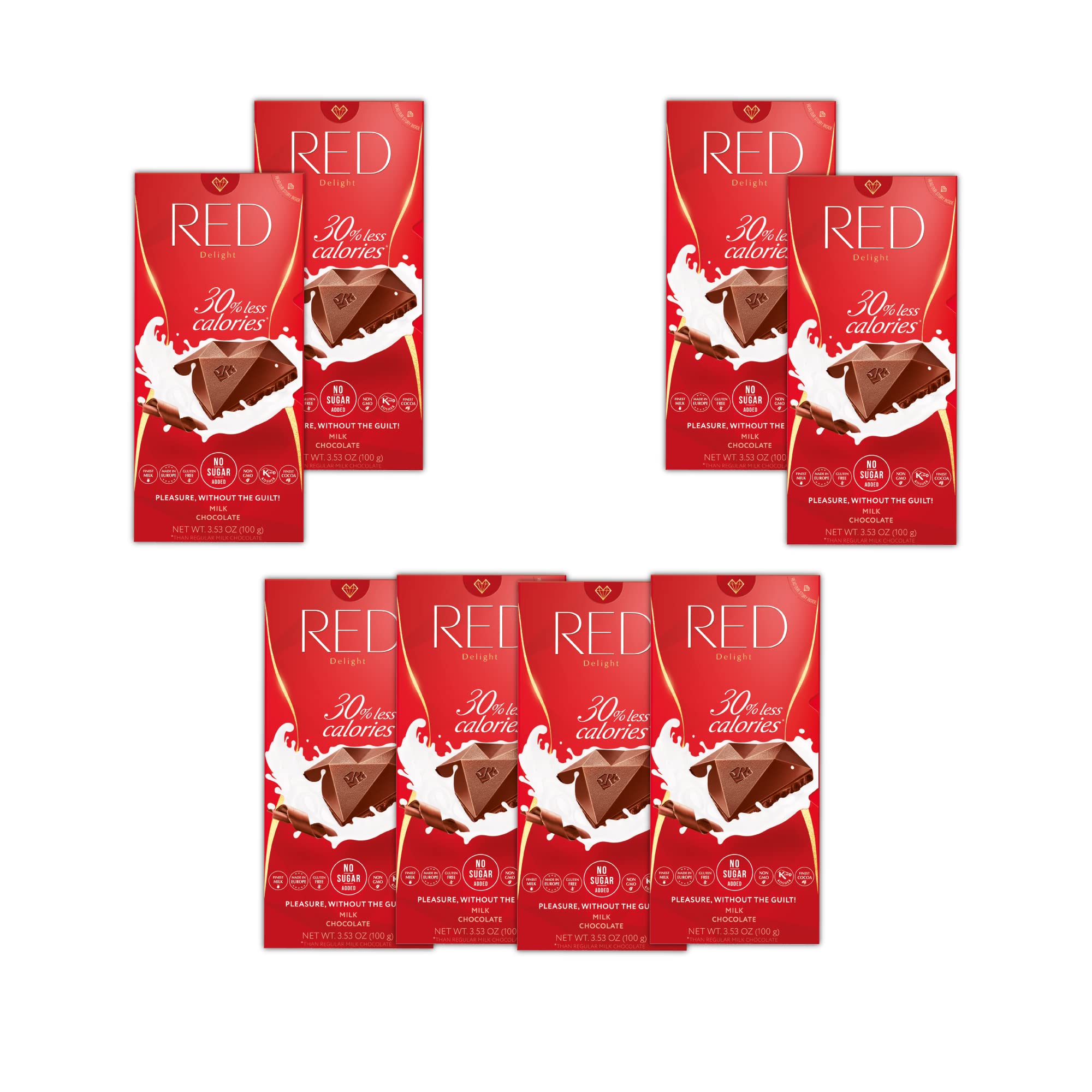 Red Delight Milk Chocolate Bars 3.53 oz, Pack of 8 Full-Size Chocolate Bars - Low Carb, Kosher & No Added Sugar, Gluten-Free Healthy Chocolate - Smooth & Creamy European-Made Vegan Chocolate