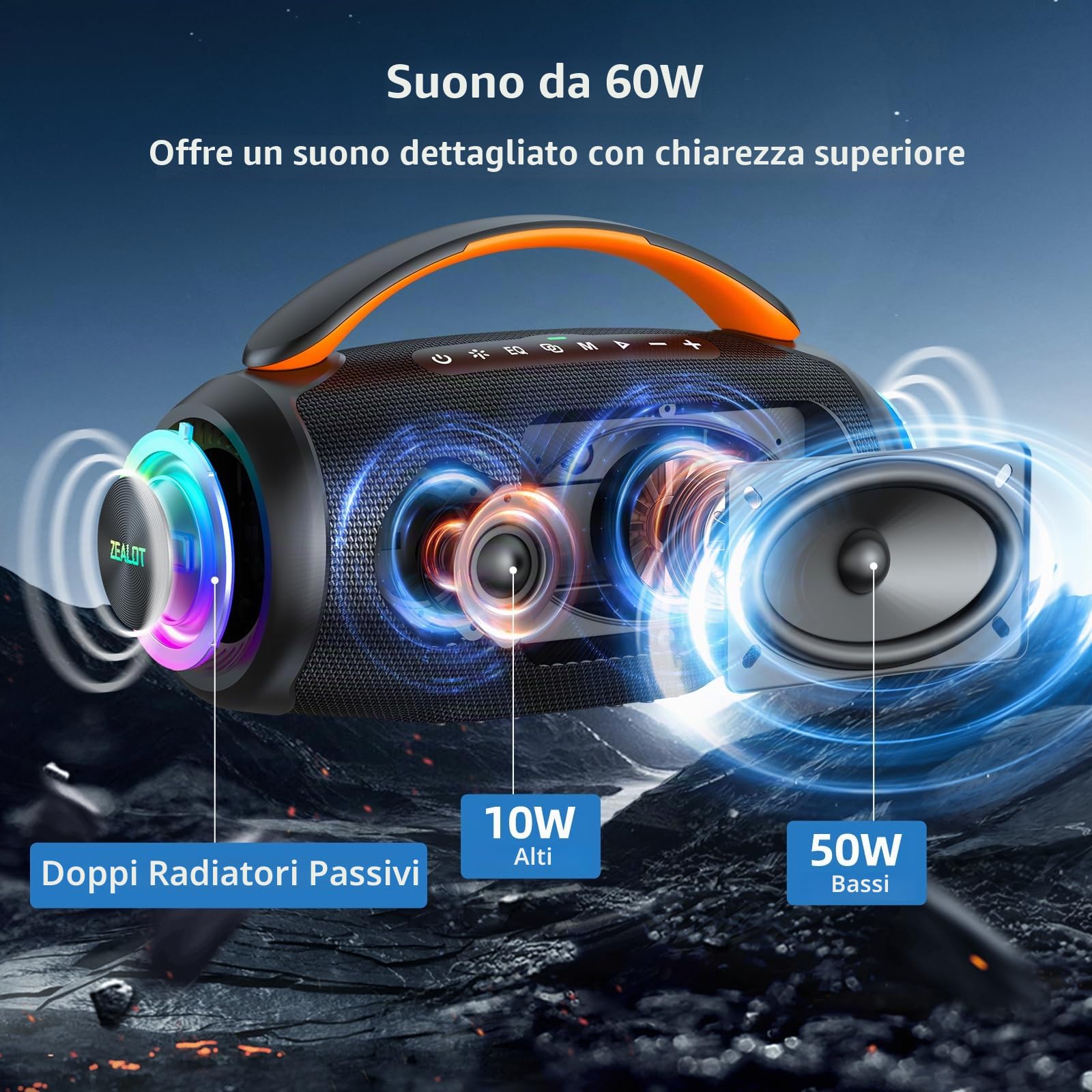 ZEALOT Altoparlante Bluetooth con Luce LED,Suono Stereo,Bluetooth 5.3,Impermeabile IPX6,funzione USB/Micro SD Card/AUX,nero