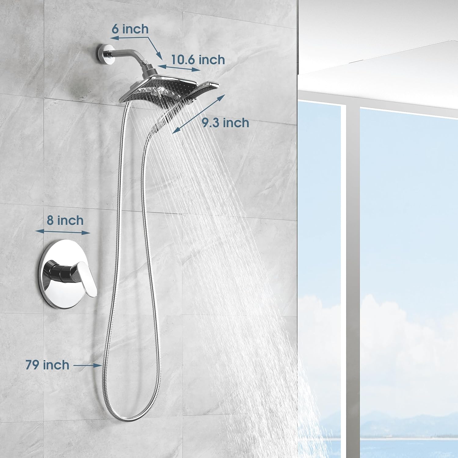 BRIGHT SHOWERS Dual Shower Head System with Handheld and Rainfall Shower, Shower Faucet Set with Valve and Trim Kit, Includes 79-Inch Stainless Steel Hose, Chrome