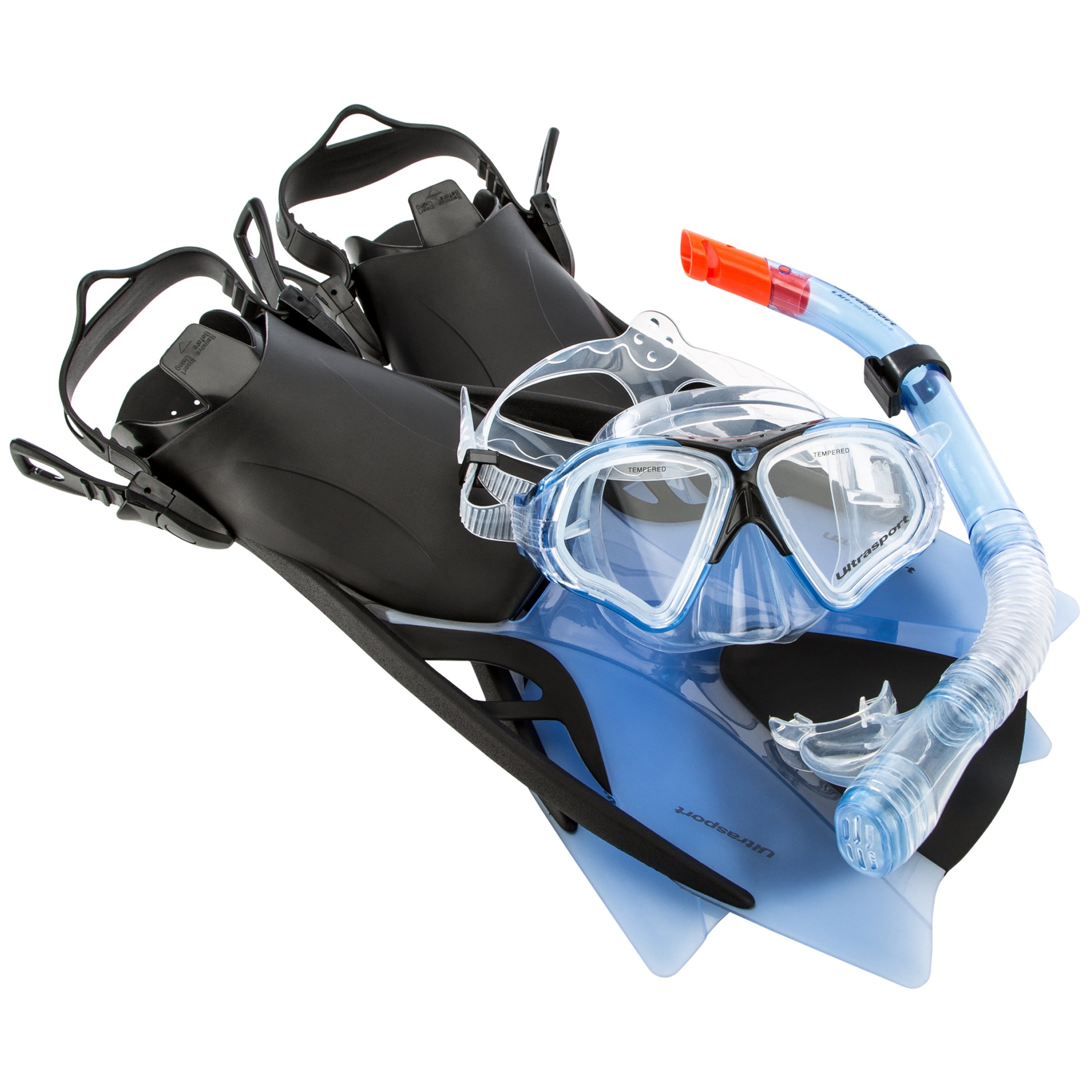Ultrasport Adult Snorkel Set Aqua Speed, Including a Diving Mask, Snorkel and Fins size 38-42, available in blue or black and red