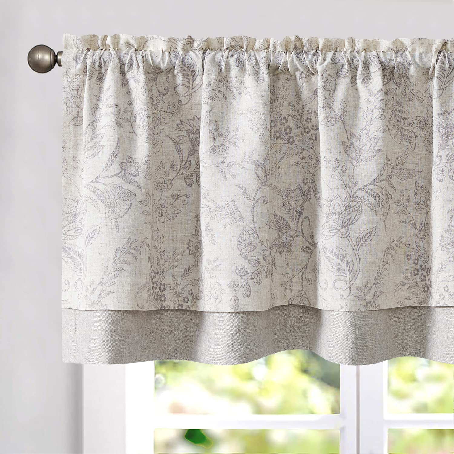 Cantonnière double couche lin occultant vis-à-vis imprimé floral gris farmhouse chic