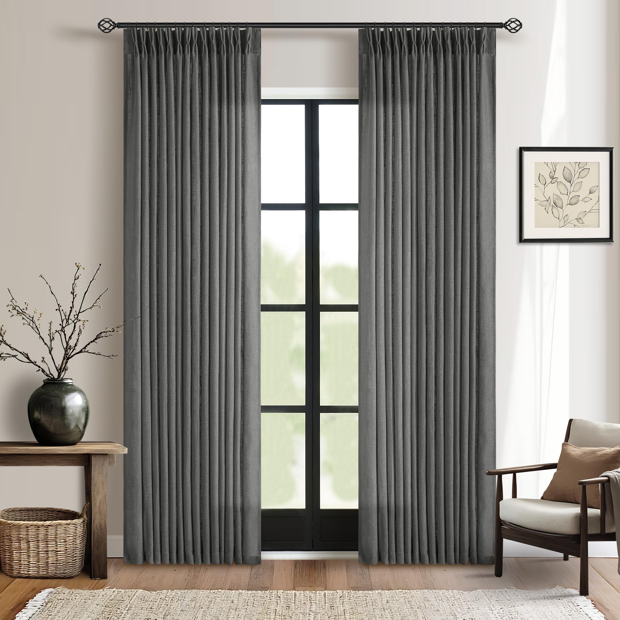TWODRAPES Charcoal Grey Pinch Pleated Linen Sheer Curtains 90 Inches Long