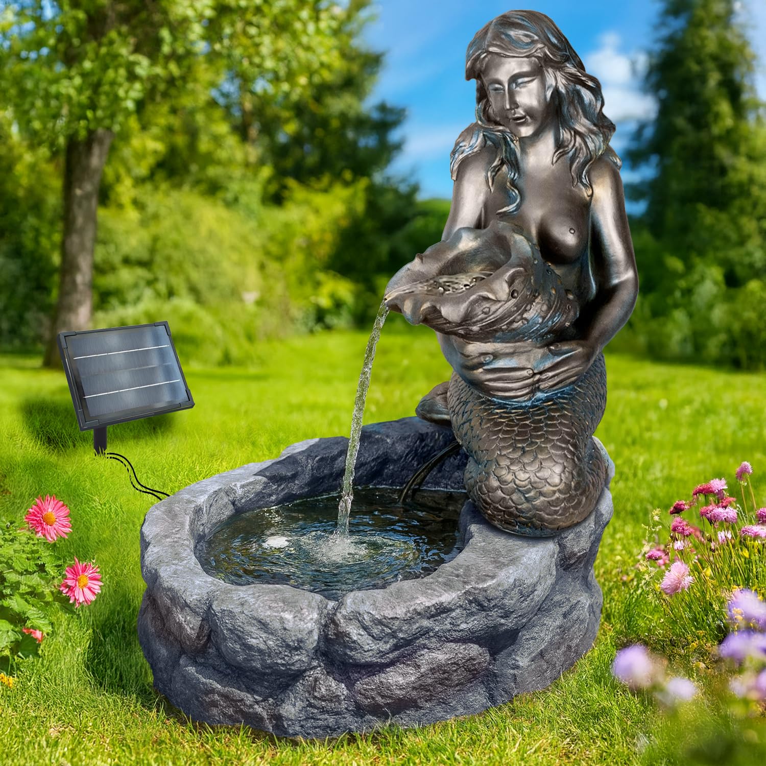 Solar Gartenbrunnen mit 5W Li-Ion-Akku-Solarpanel 9V 555mAh LED-Licht Teichpumpe Meerjungfrau Fördermenge 250l/h 60.000 Stunden für außen Terrasse, Balkon