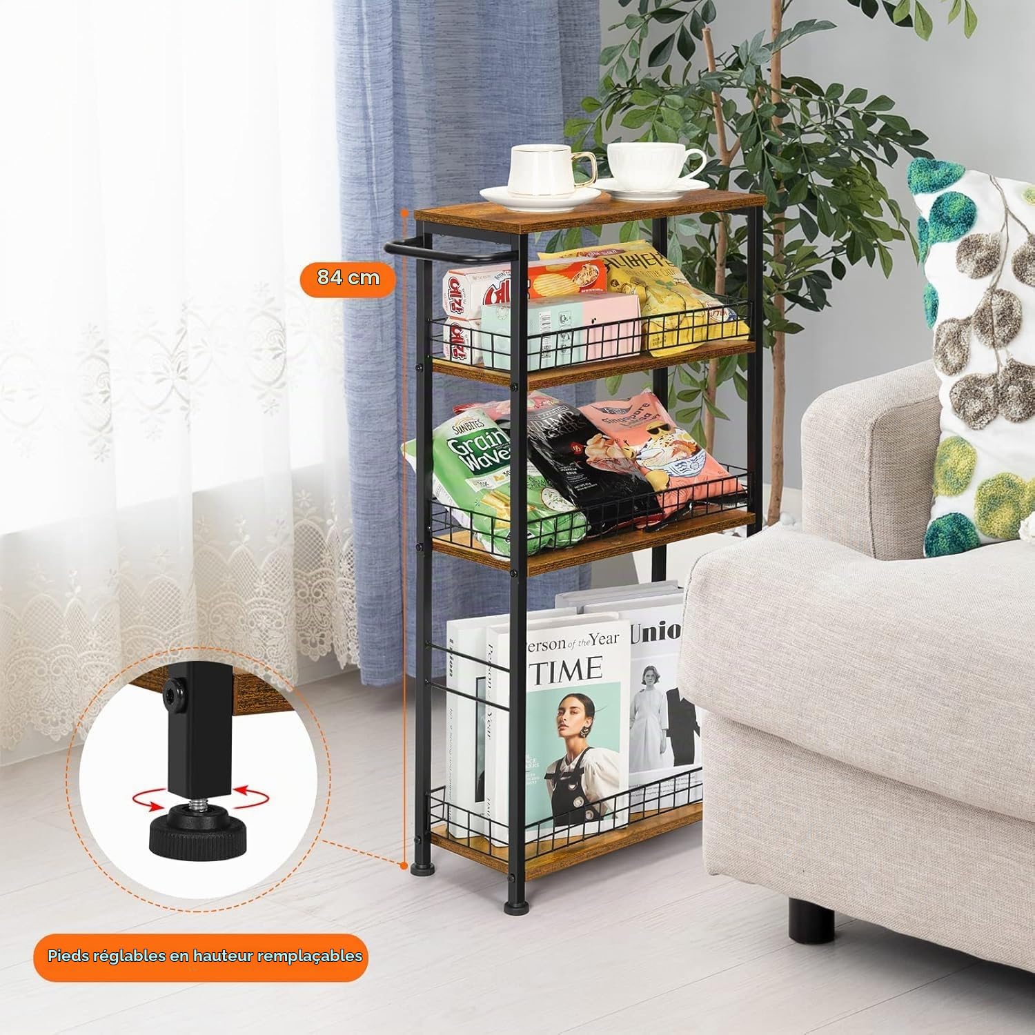 CADUKE Chariot de Cuisine à 4 Niveaux, Multifonctionnel Chariot de Rangement, Mobile Étagère avec roulettes pour Bureau, Salon, Cuisine, Salle de Bain, Buanderie, 41 * 18 * 87cm, Brun Rustique