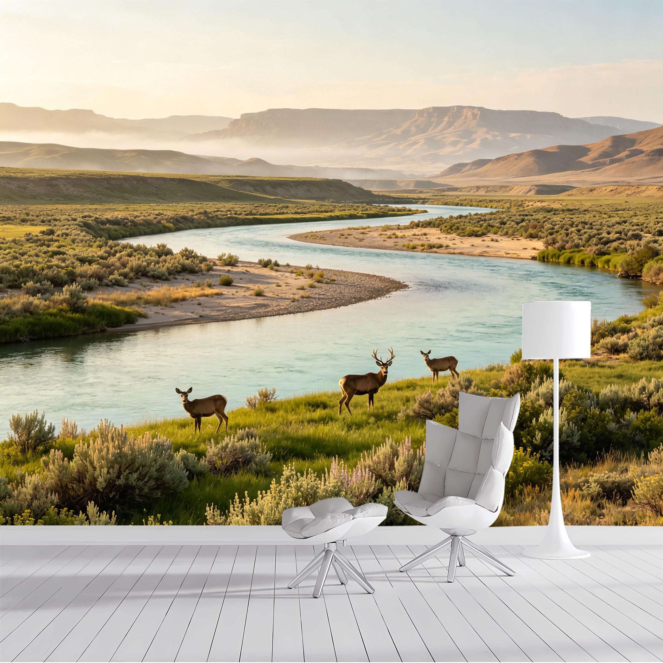 Custom Size Wall Mural River Landscape Wildlife Deer Panoramic View Landscape SelfAdhesive Wall Fabric Removable Peel and Stick Wallpaper Wall Decor for Living Room Bedroom Bathroom