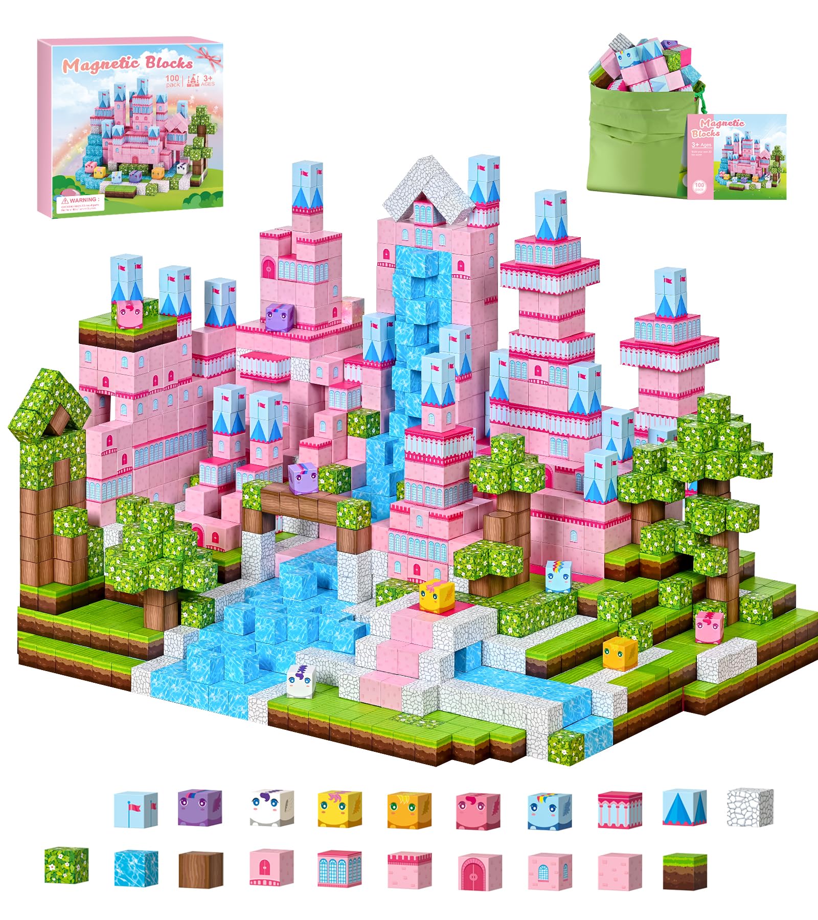 Magnetic Blocks for Girls Toys- 100pcs Magnet Castle Building Set, Montessori Sensory Toys for Toddlers, Gifts for Kids Age 3+, Fidget Cubes Construction Toys for Halloween, Christmas, Birthday