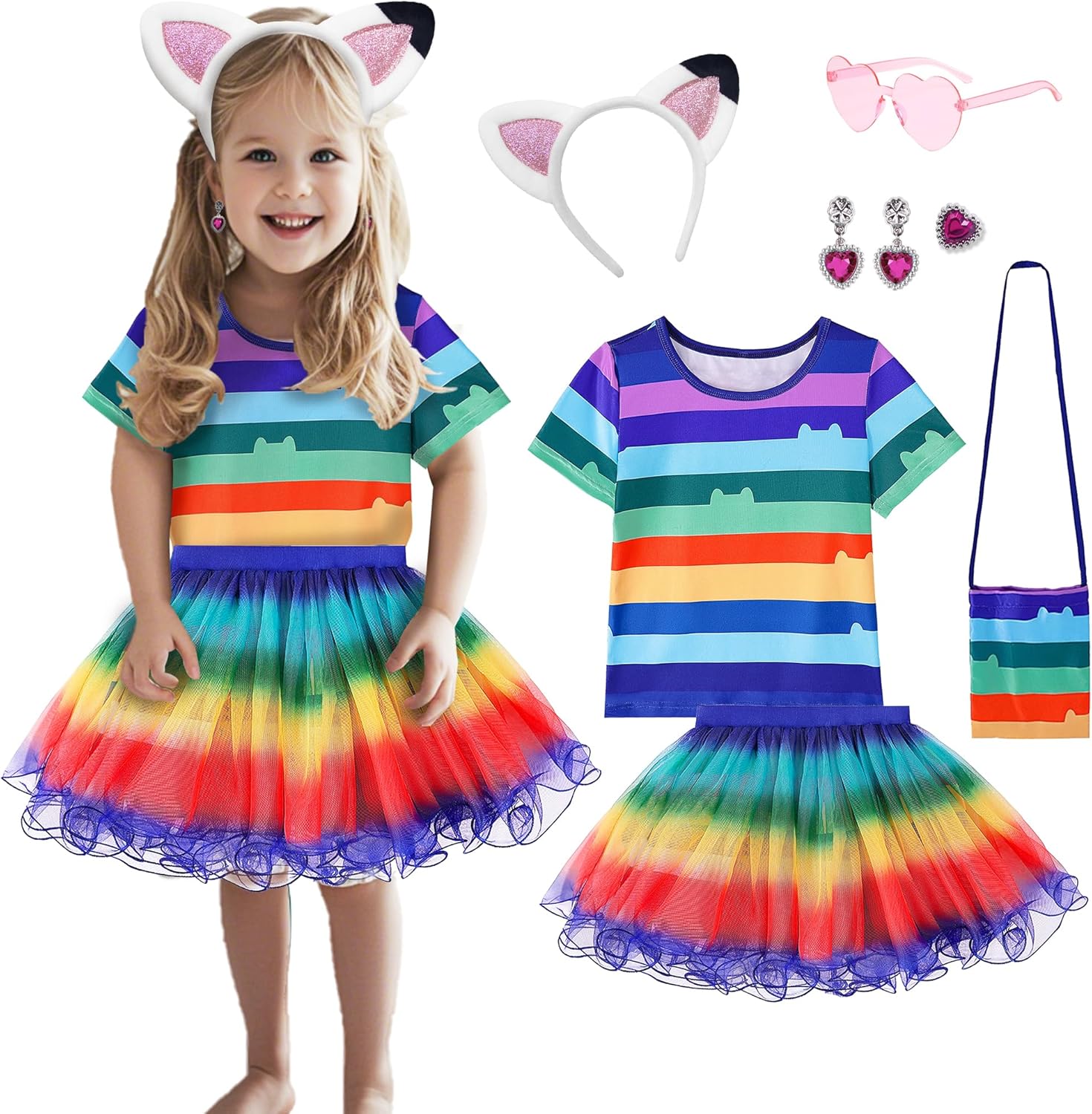 Girls Cat Enthusiasts Rainbow Tutu Dress With Headband And Bag Suitable For Halloween Party Birthday Outfits