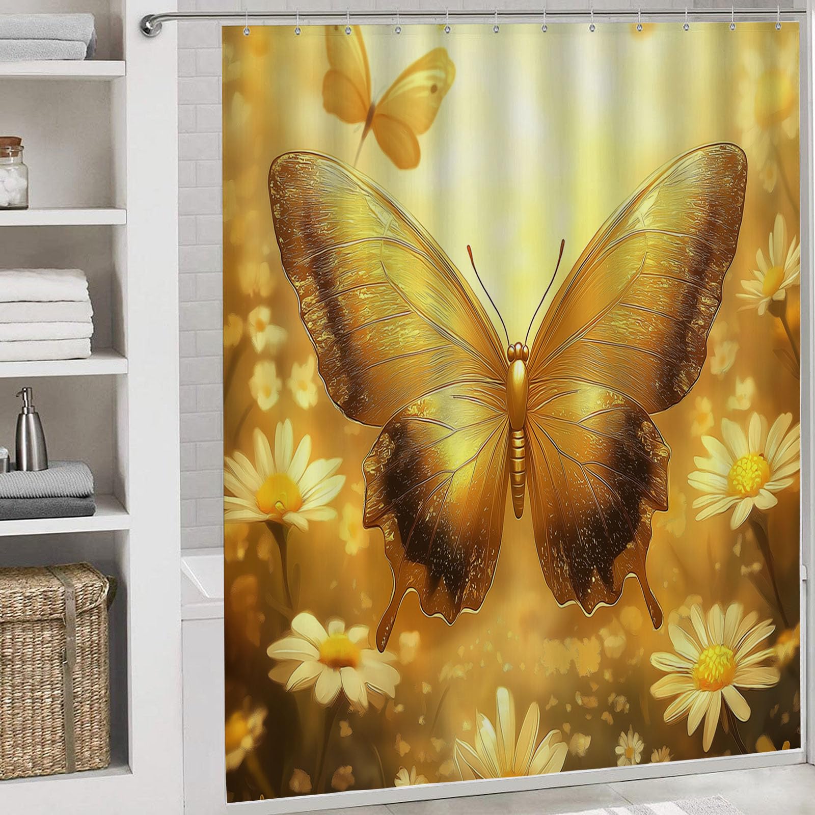 Cortina de Ducha con impresión Digital de Ligero Floral Cortina de Baño con Mariposa Flores,240x200cm Impermeable Cortinas de Ducha con 12 Ganchos Tela de poliéster para baño